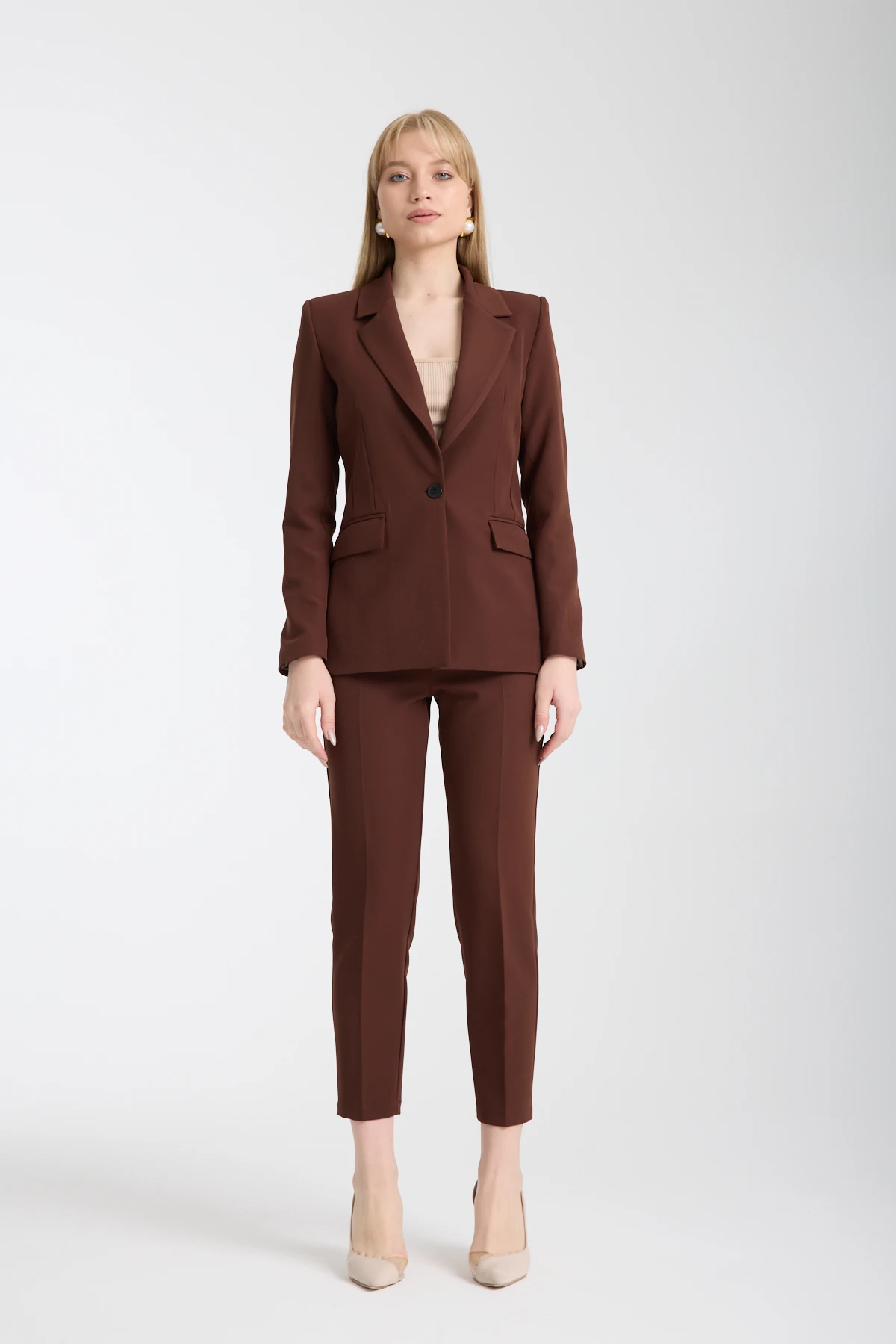 Yüksek Bel Sahte Cepli Kahverengi Pantolon