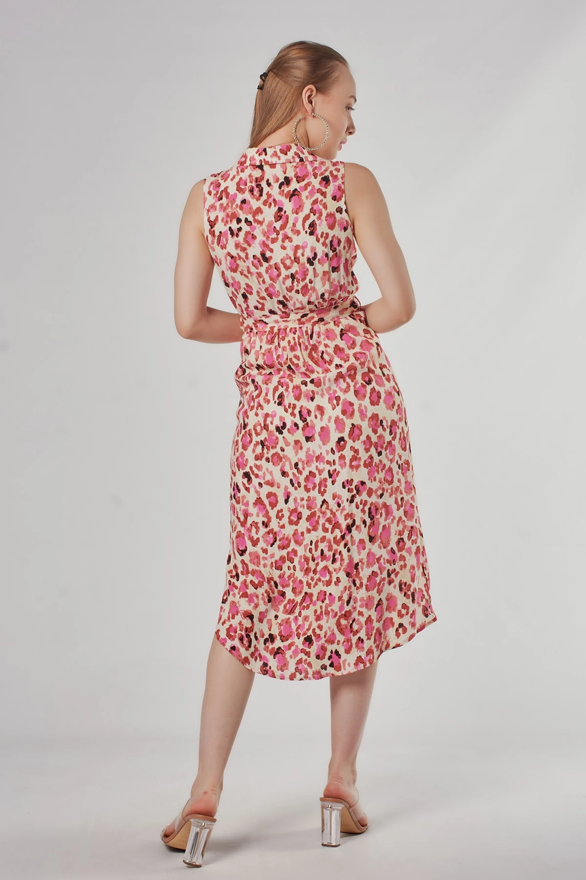 Kruvaze Yaka Pembe Leopar Desenli Anvelop Elbise