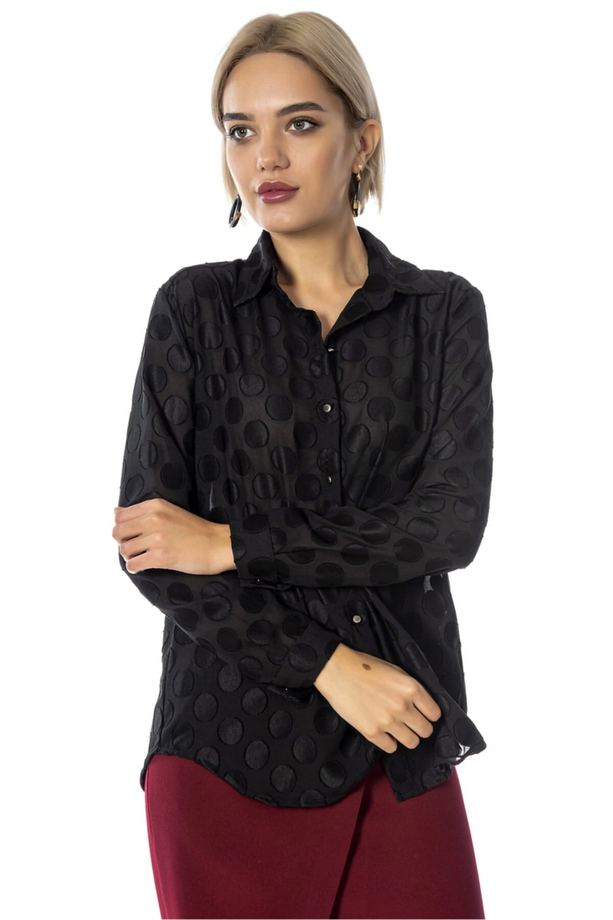 Kadın Siyah Puantiyeli Gömlek