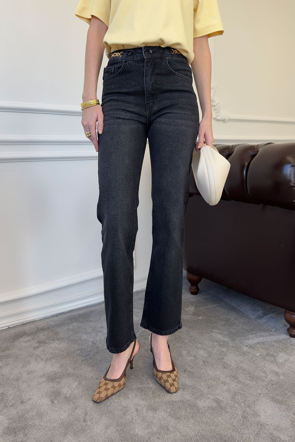 Zincir Detay Premium Jean Pantolon- GRİ
