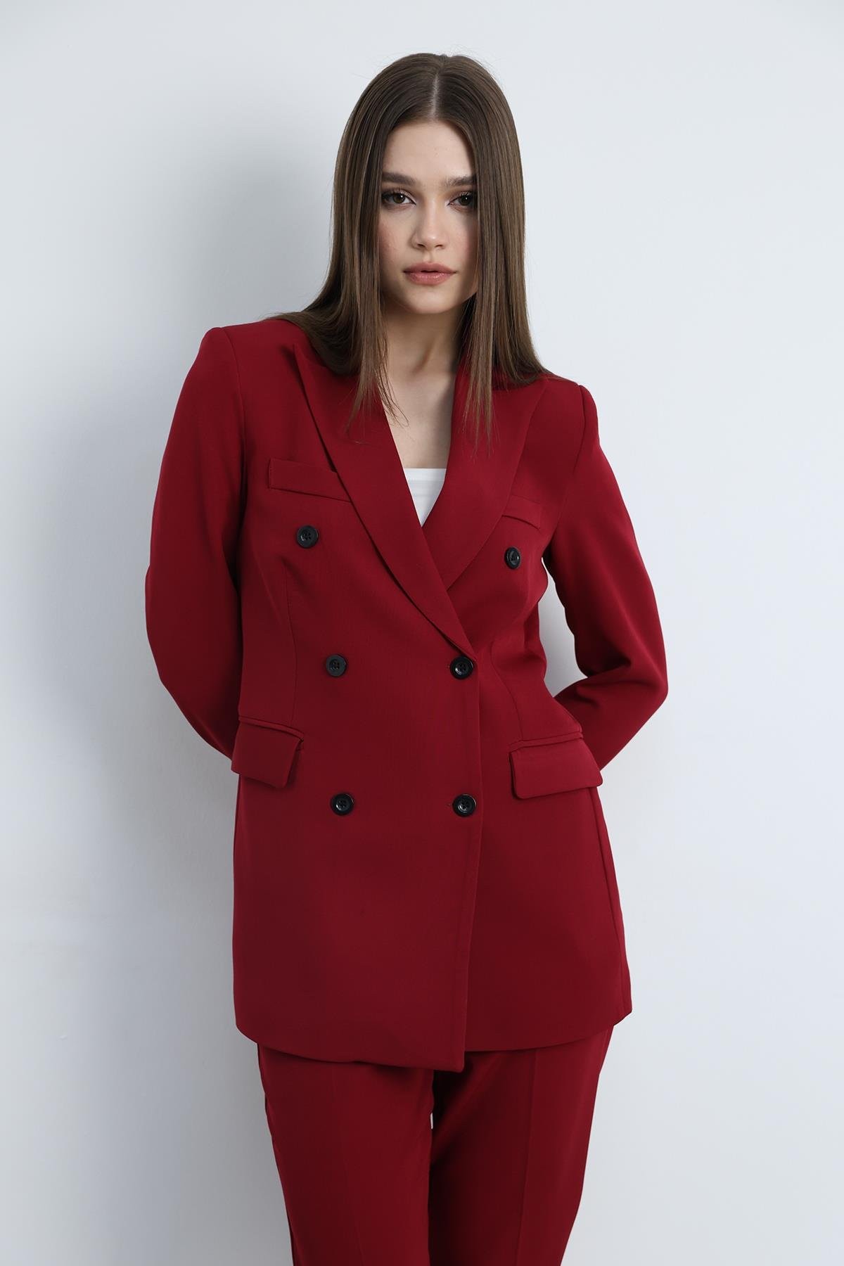Aria Düğmeli Blazer Ceket Bordo