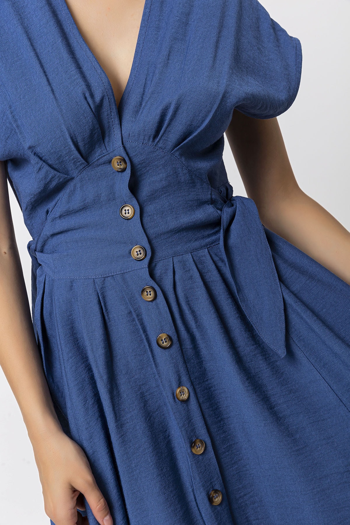 Düğmeli Midi Indigo Elbise
