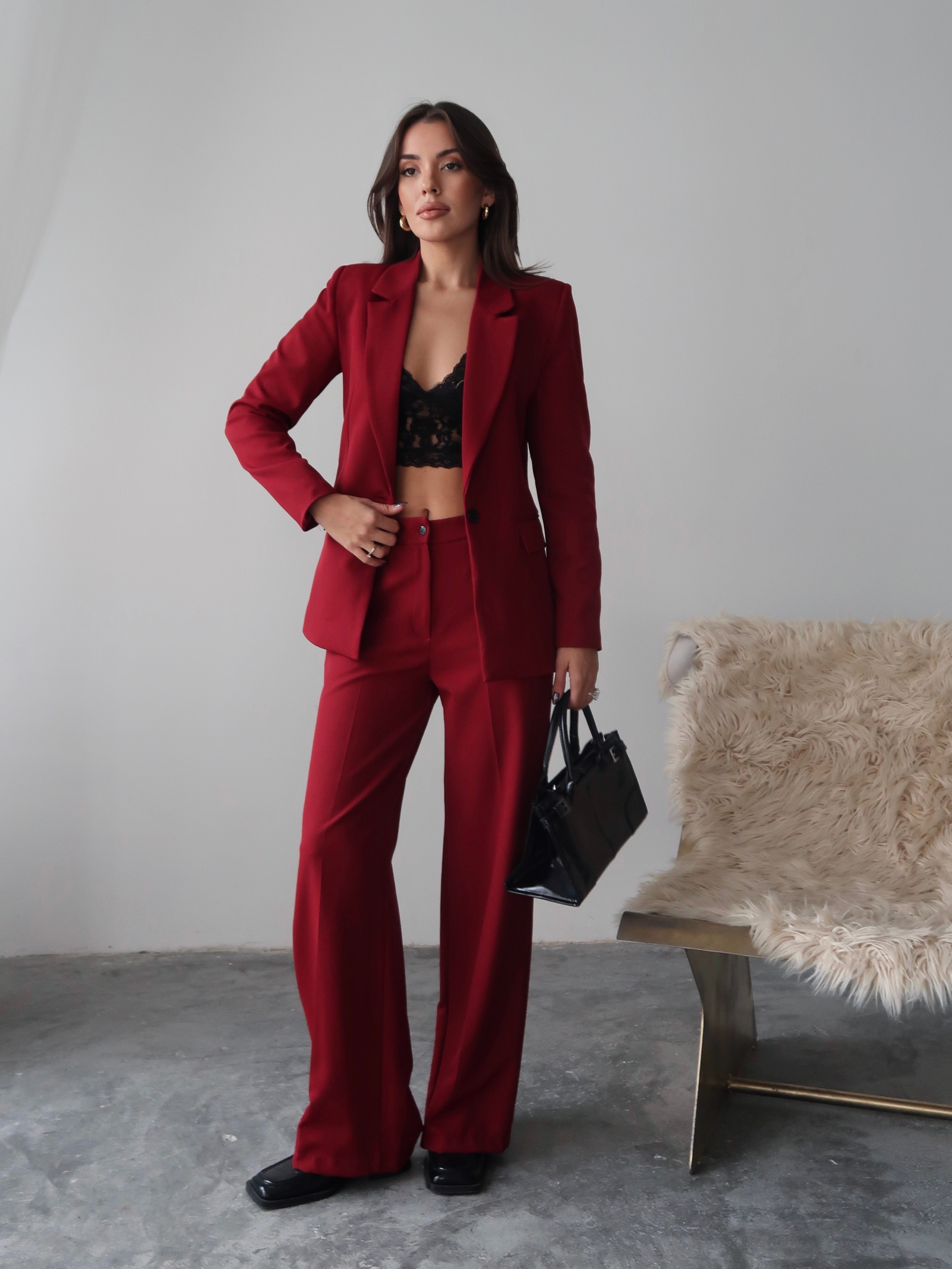 Bordo Düz Paça Klasik Blazer Ceket ve Kumaş Pantolon Takım