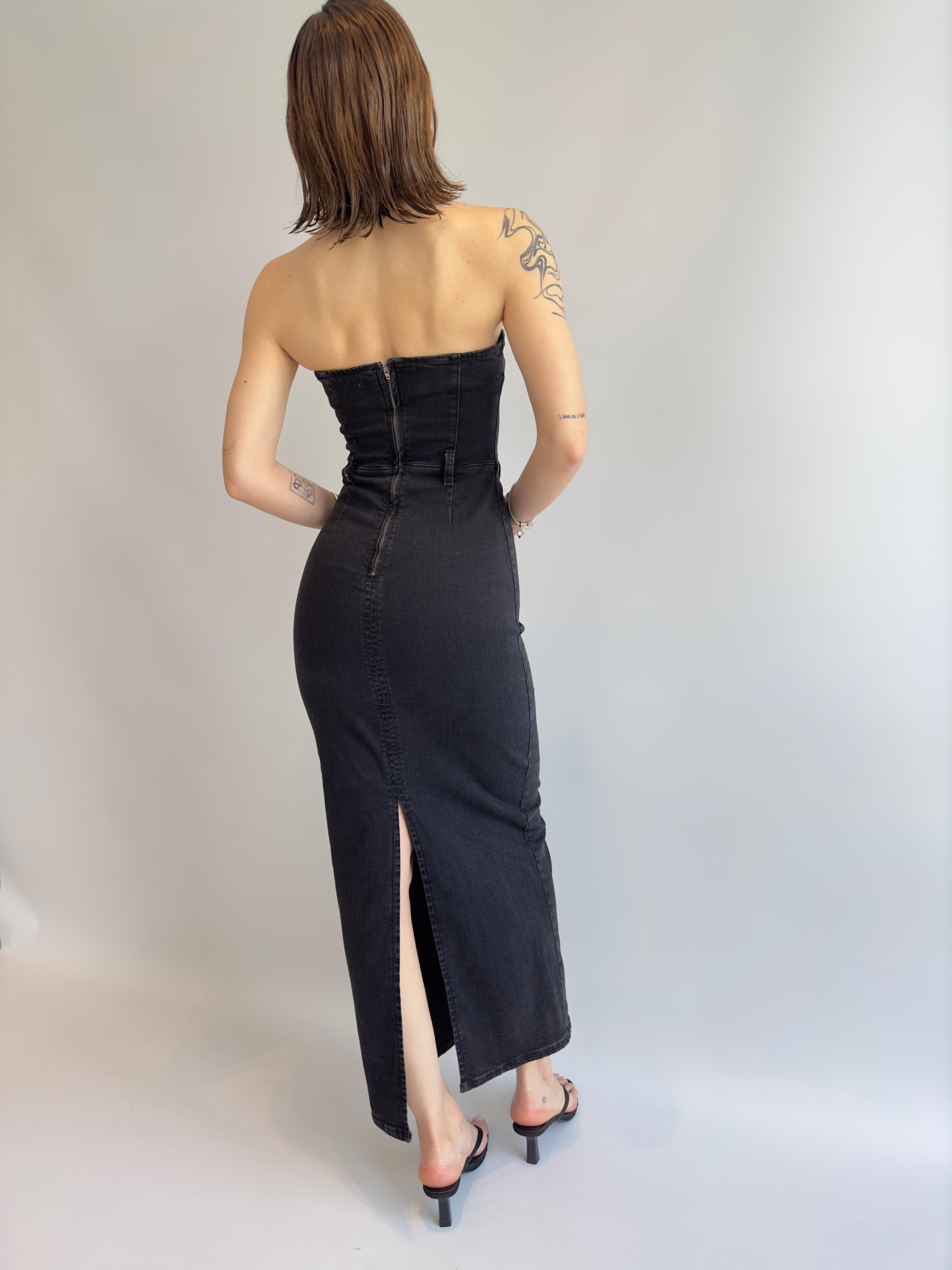 Maxi Straplez Denim Elbise