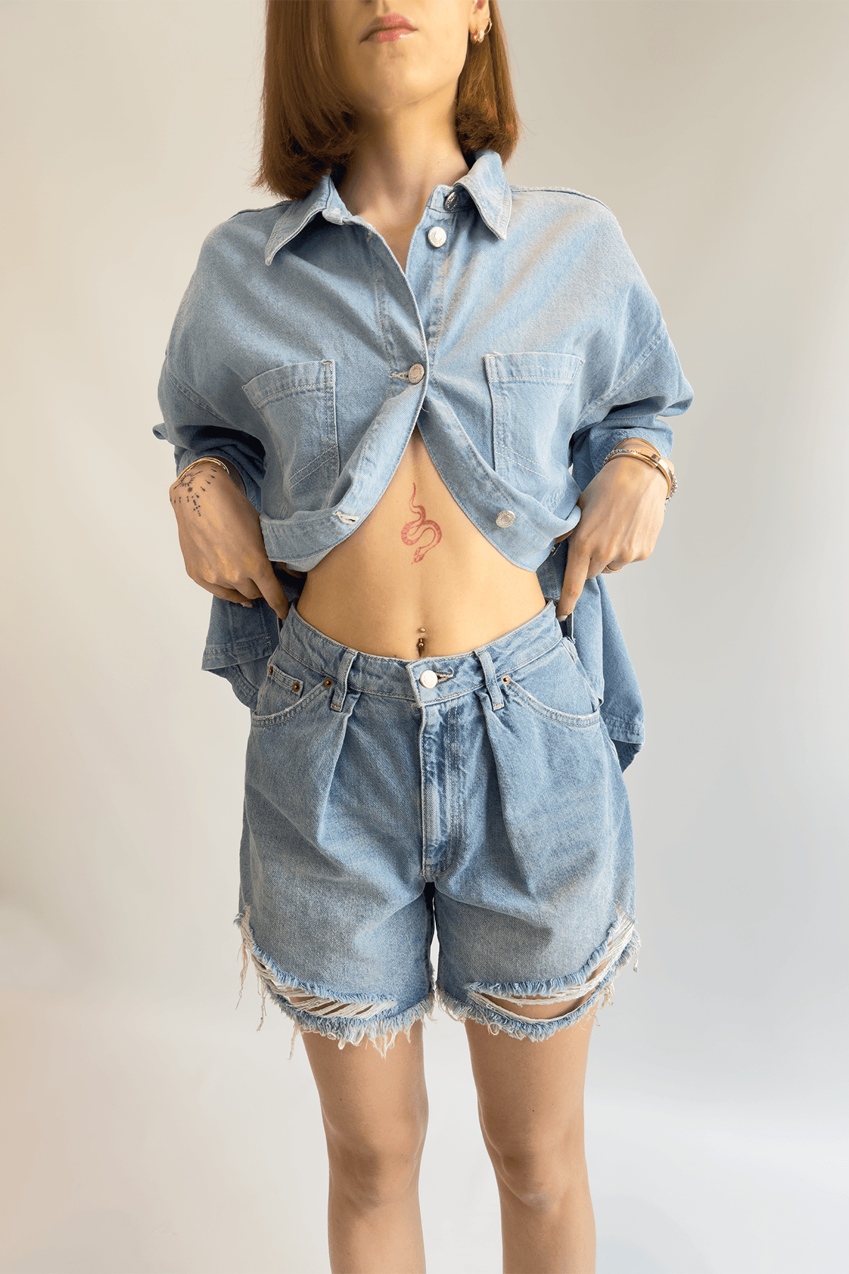 Pileli Denim Short