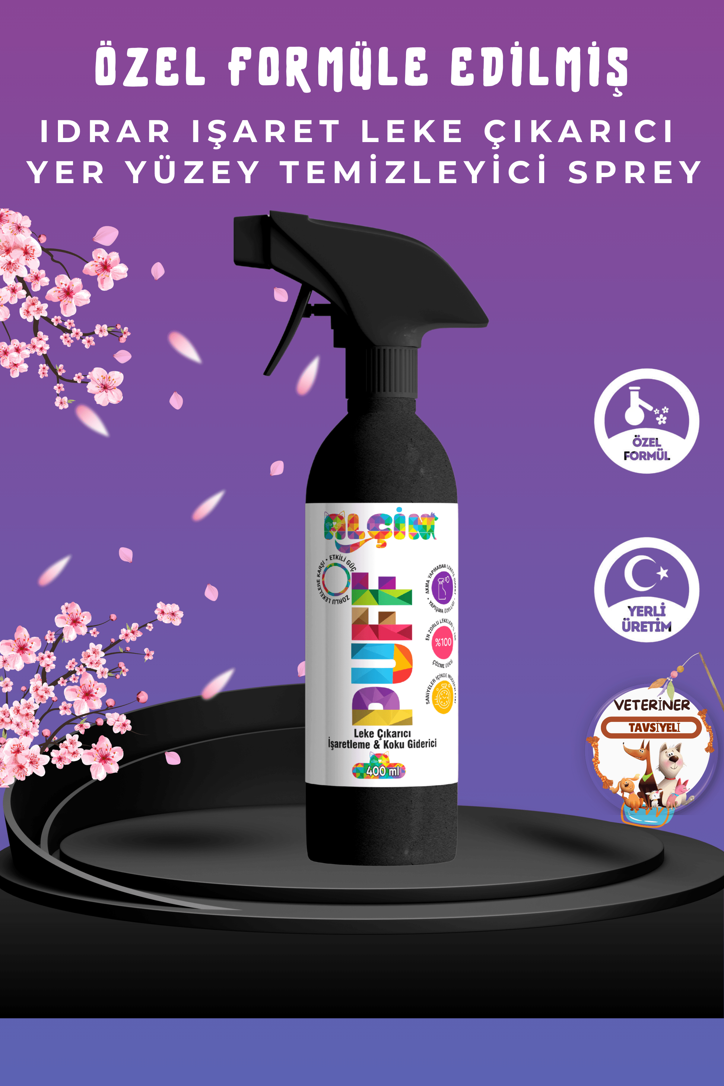 Kiraz Çiçeği Doğal Kedi Köpek Idrar Işaret Leke Çıkarıcı Ve Yer Yüzey Temizleyici Sprey, 400 ml