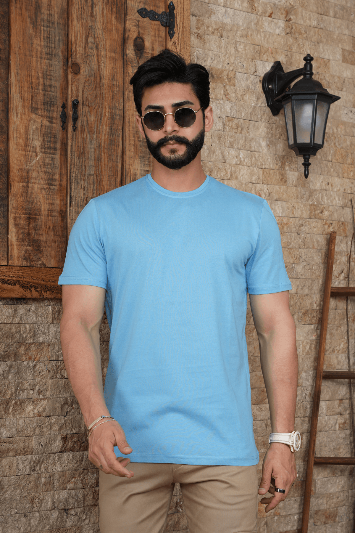 Erkek Pamuk Bisiklet Yaka Regular Fit T-shirt  - AÇIK MAVİ