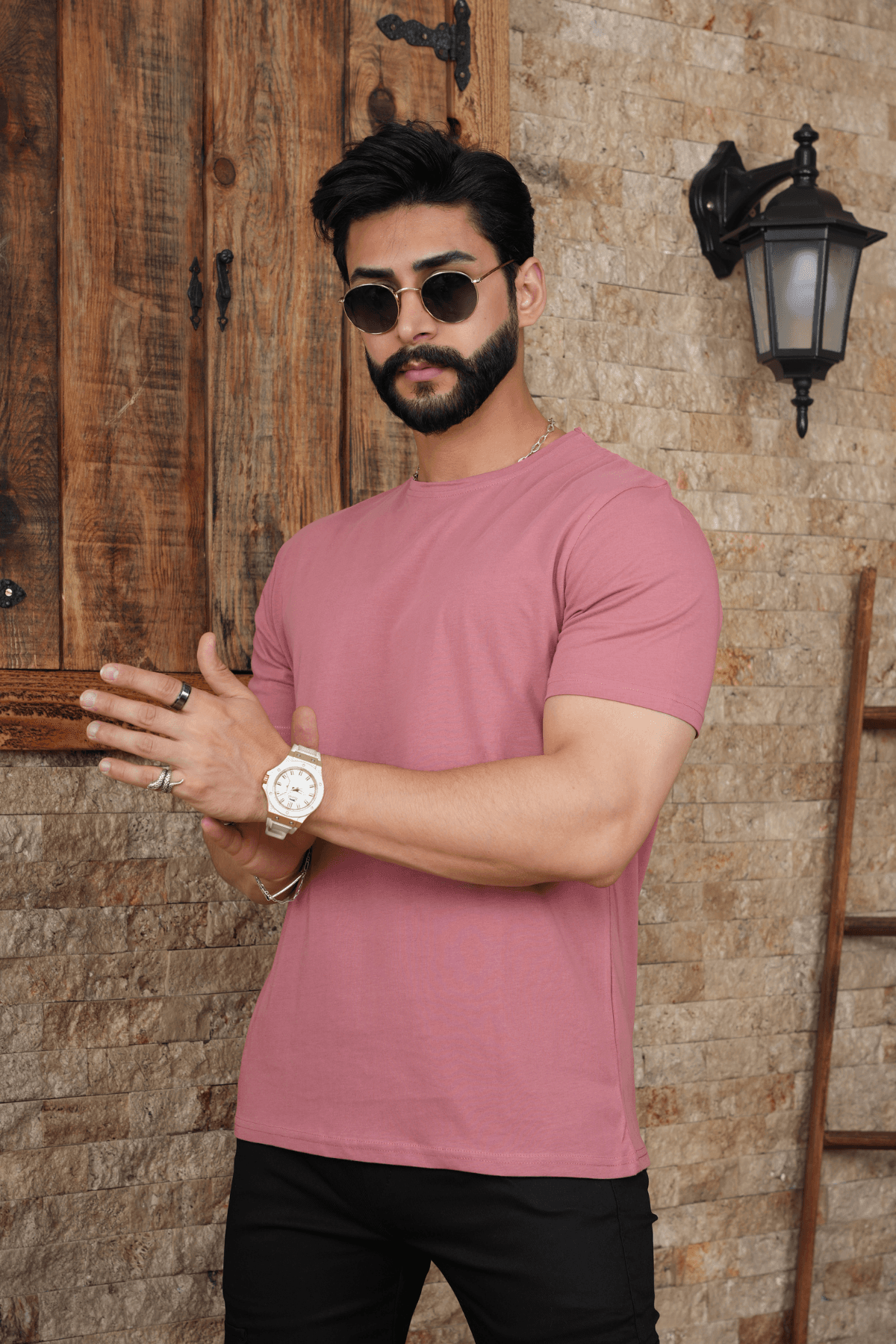 Erkek Pamuk Bisiklet Yaka Regular Fit T-shirt  - PEMBE