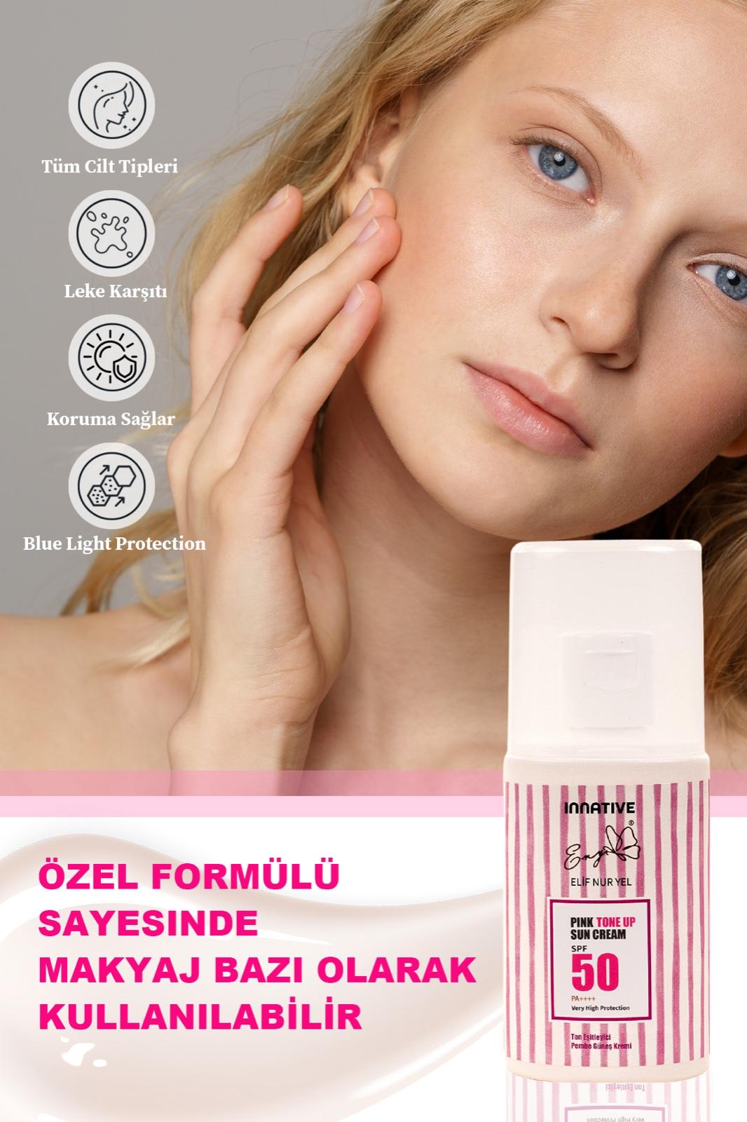 INNATIVE Eny Elif Nur Yel Pink Tone Up Spf50 Cilt Aydınlatıcı Ton Eşitleyici Pembe Güneş Kremi