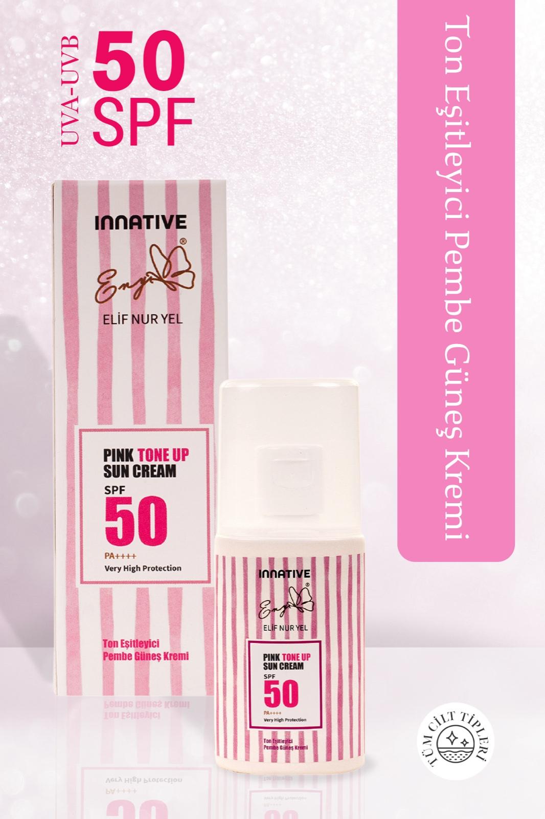 INNATIVE Eny Elif Nur Yel Pink Tone Up Spf50 Cilt Aydınlatıcı Ton Eşitleyici Pembe Güneş Kremi