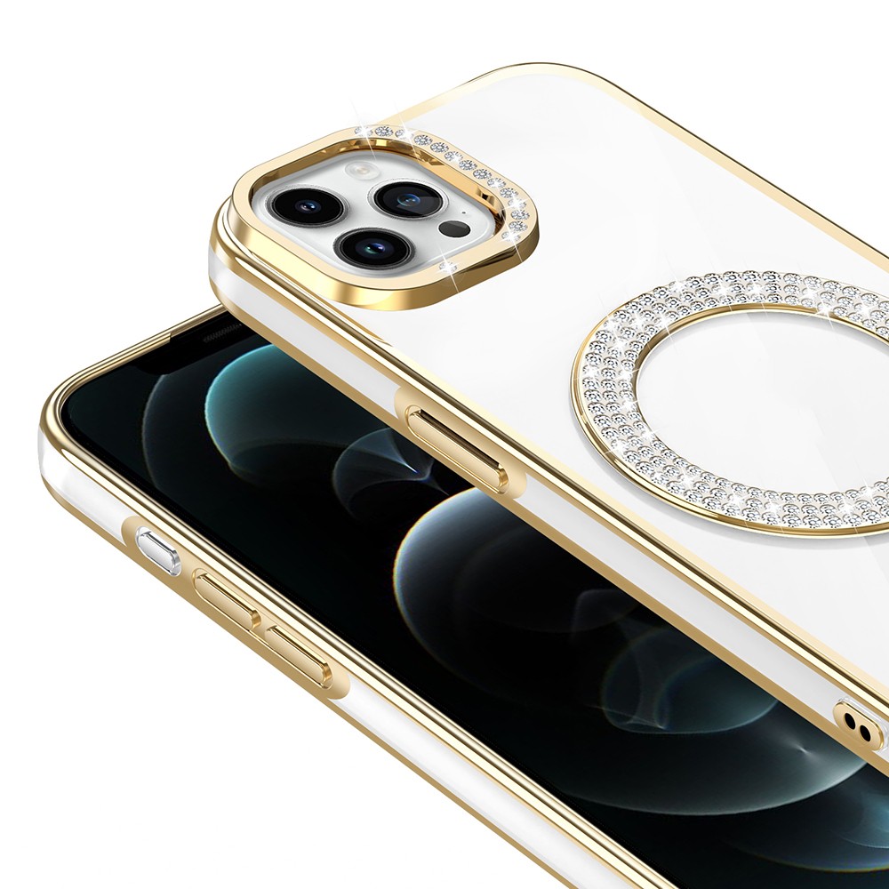 Apple iPhone 12 Kılıf Pırlanta Taş Tasarımlı M-safe Şarj Özellikli Zore Karetta Silikon Kapak