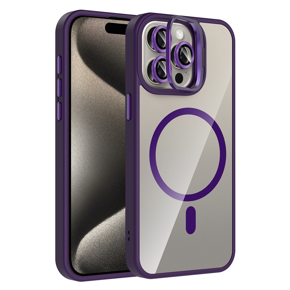 Apple iPhone 15 Pro Max Kılıf Standlı ve Kamera Lens Hediyeli M-Safe Şarj Özellikli Zore Etro Kapak