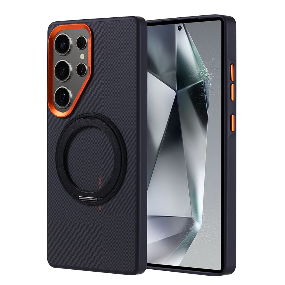Galaxy S25 Ultra Kılıf M-safe Şarj Özellikli Karbon Fiber Görünümlü Zore Standlı Troy Kapak