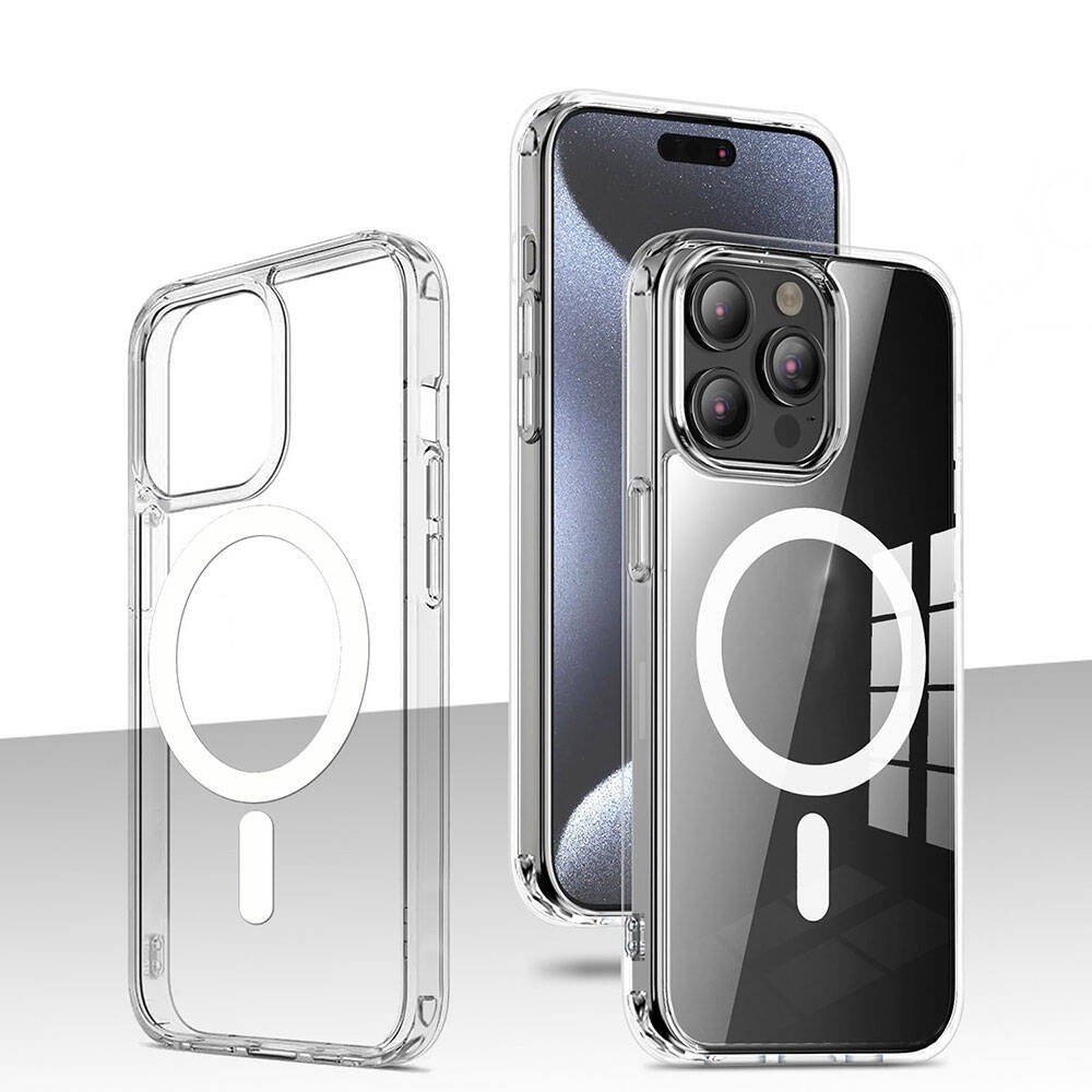 Apple iPhone 15 Pro Kılıf M-safe Şarj Özellikli Şeffaf Sert PC Zore Embos Kapak