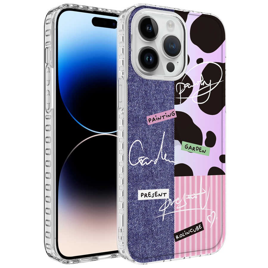 Apple iPhone 14 Pro Max Kılıf Airbag Kenarlı Renkli Desenli Silikon Zore Elegans Kapak