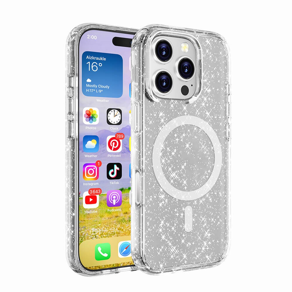 Apple iPhone 16 Pro Kılıf M-safe Şarj Özellikli Parlayan Simli Saydam Renkli Zore Allstar Kapak