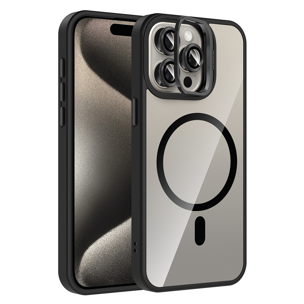 Apple iPhone 15 Pro Kılıf Standlı ve Kamera Lens Hediyeli M-Safe Şarj Özellikli Zore Etro Kapak