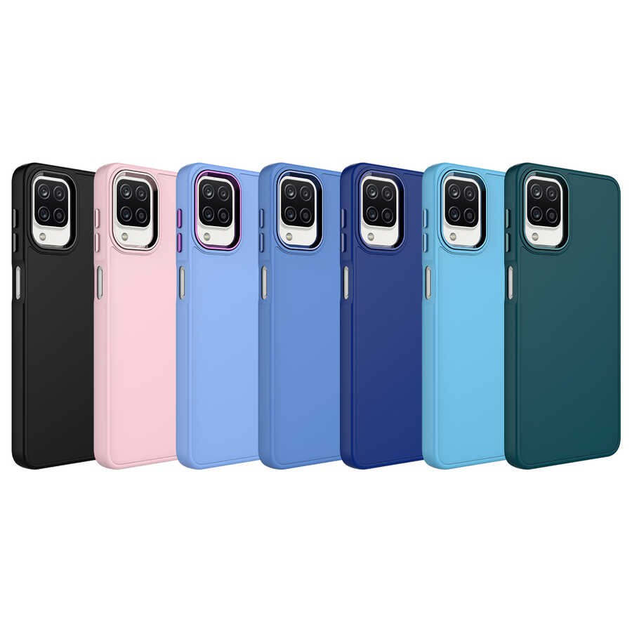 Galaxy A12 Kılıf Metal Çerçeve ve Buton Tasarımlı Silikon Zore Luna Kapak