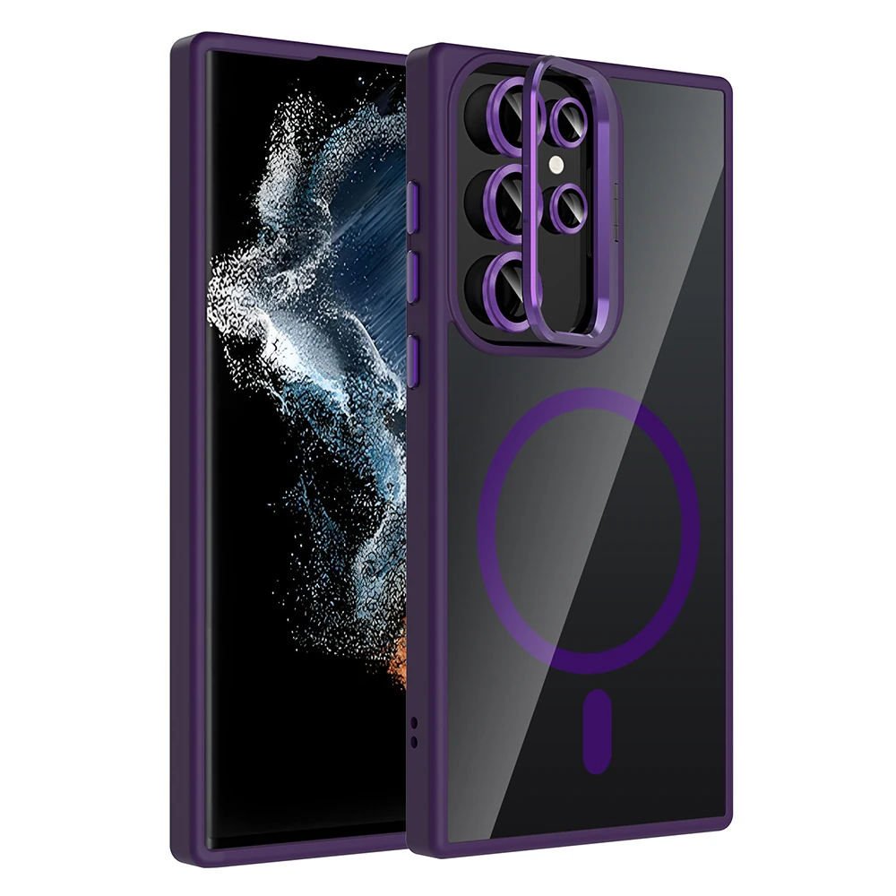 Galaxy S23 Ultra Kılıf Standlı ve Kamera Lens Hediyeli M-Safe Şarj Özellikli Zore Etro Kapak