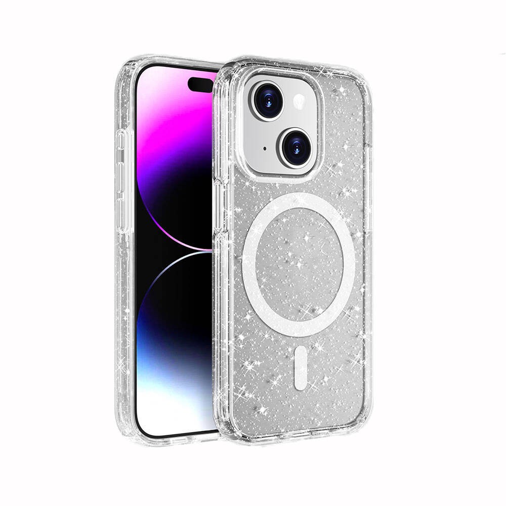 Apple iPhone 15 Kılıf M-safe Şarj Özellikli Parlayan Simli Saydam Renkli Zore Allstar Kapak