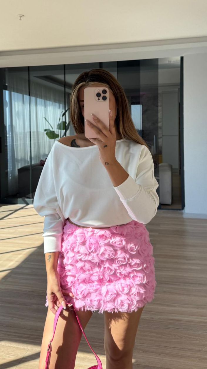 KABARTMA GÜL DETAYLI MİNİ ETEK - PEMBE