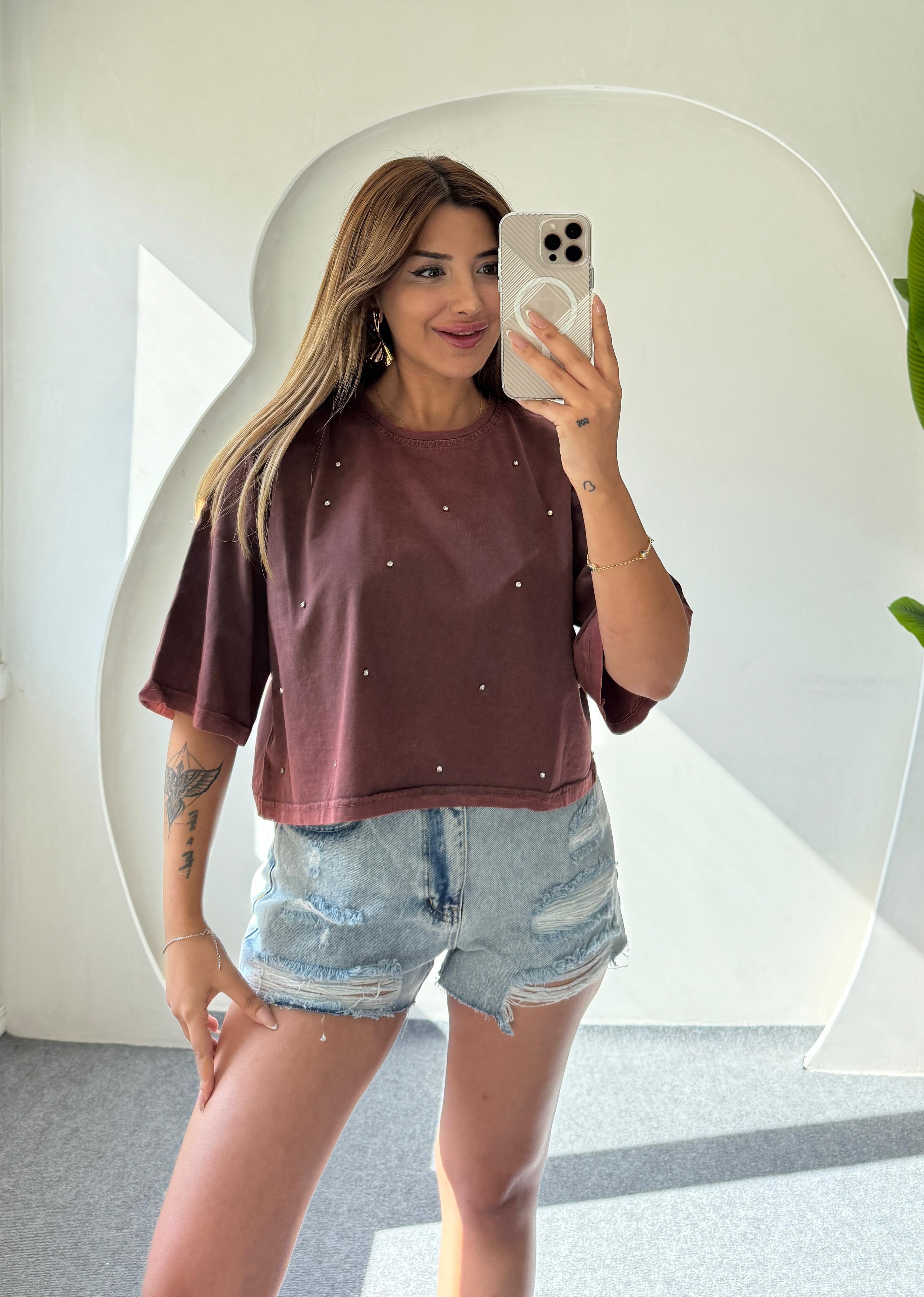 LOOS TAŞLI CROP T-SHIRT - BORDO