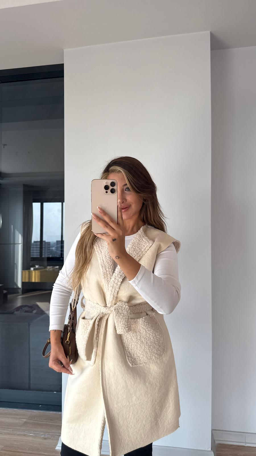 Kuşaklı Buklet Yelek - EKRU