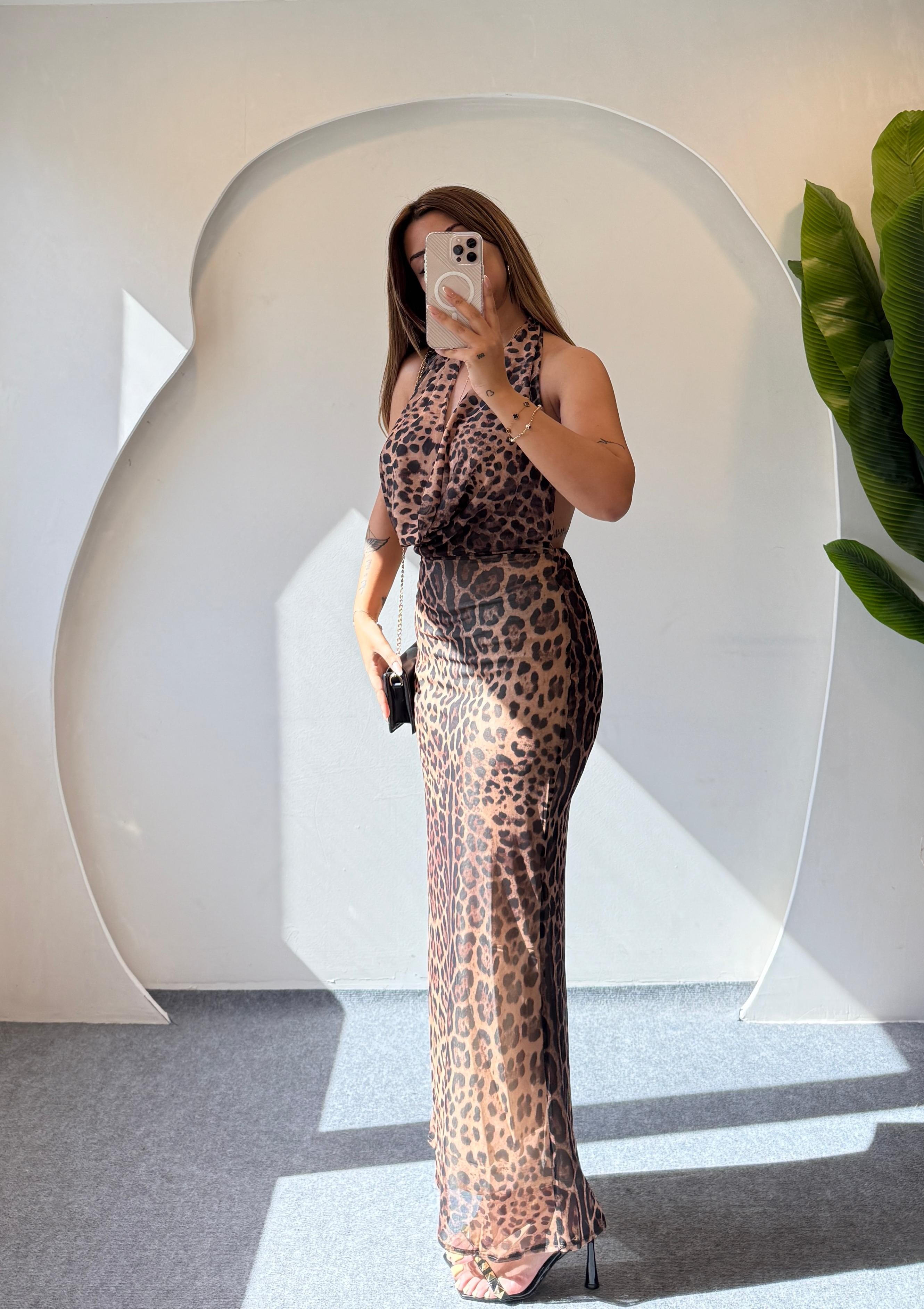 LOCY LEOPAR SIRT DETAYLI ELBİSE