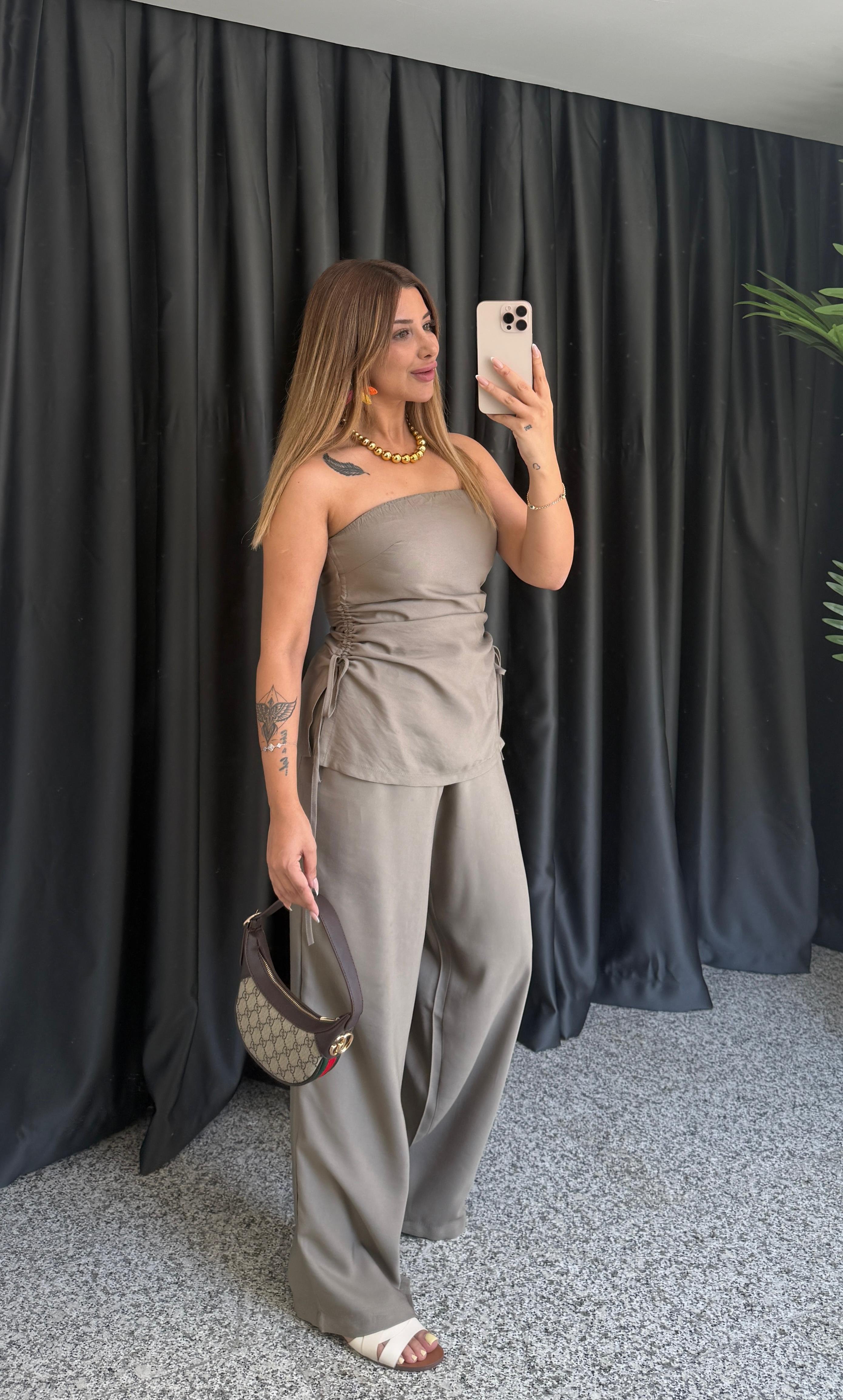 KUFİ BÜZGÜLÜ STRAPLEZ PANTOLON TAKIM - HAKİ