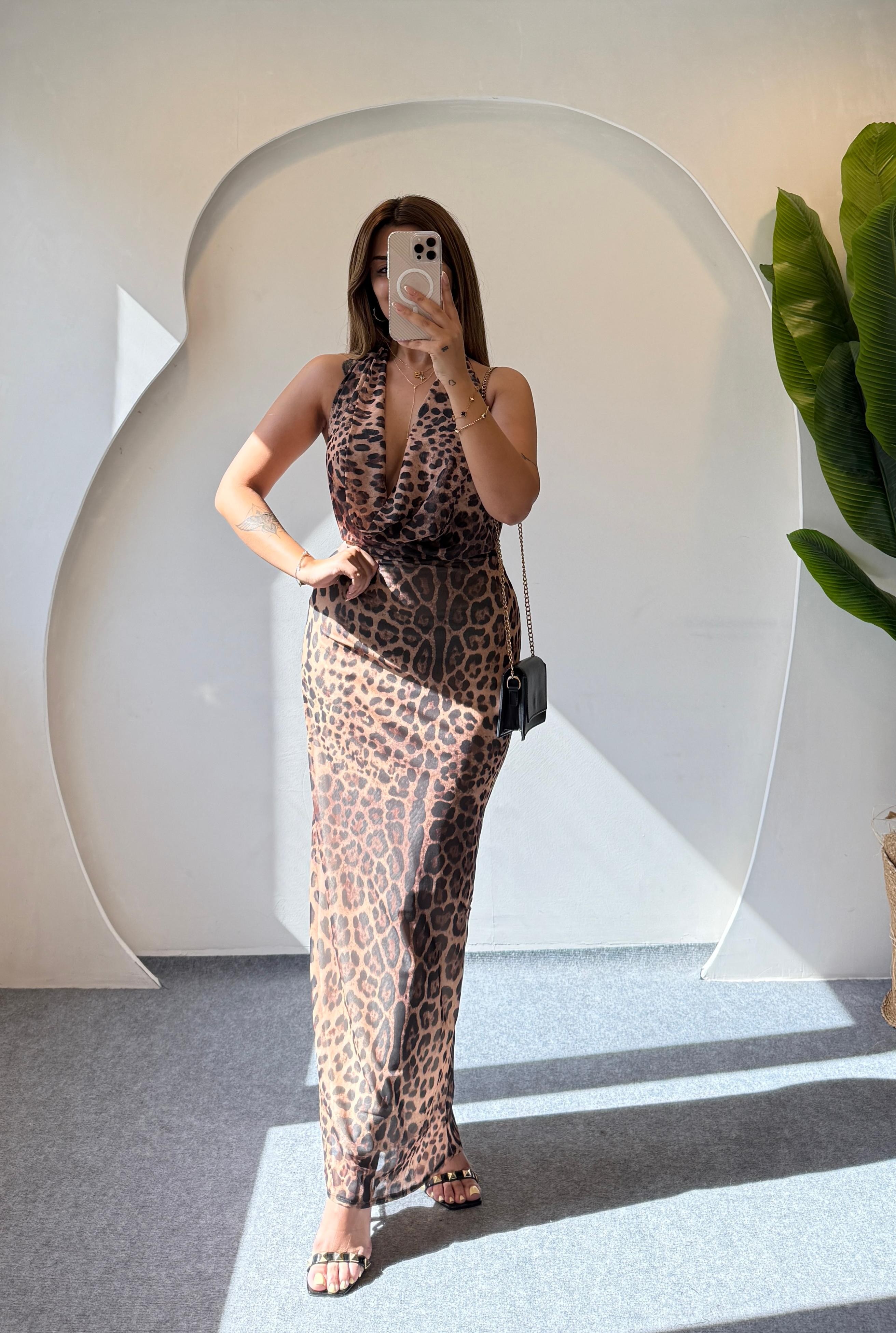 LOCY LEOPAR SIRT DETAYLI ELBİSE