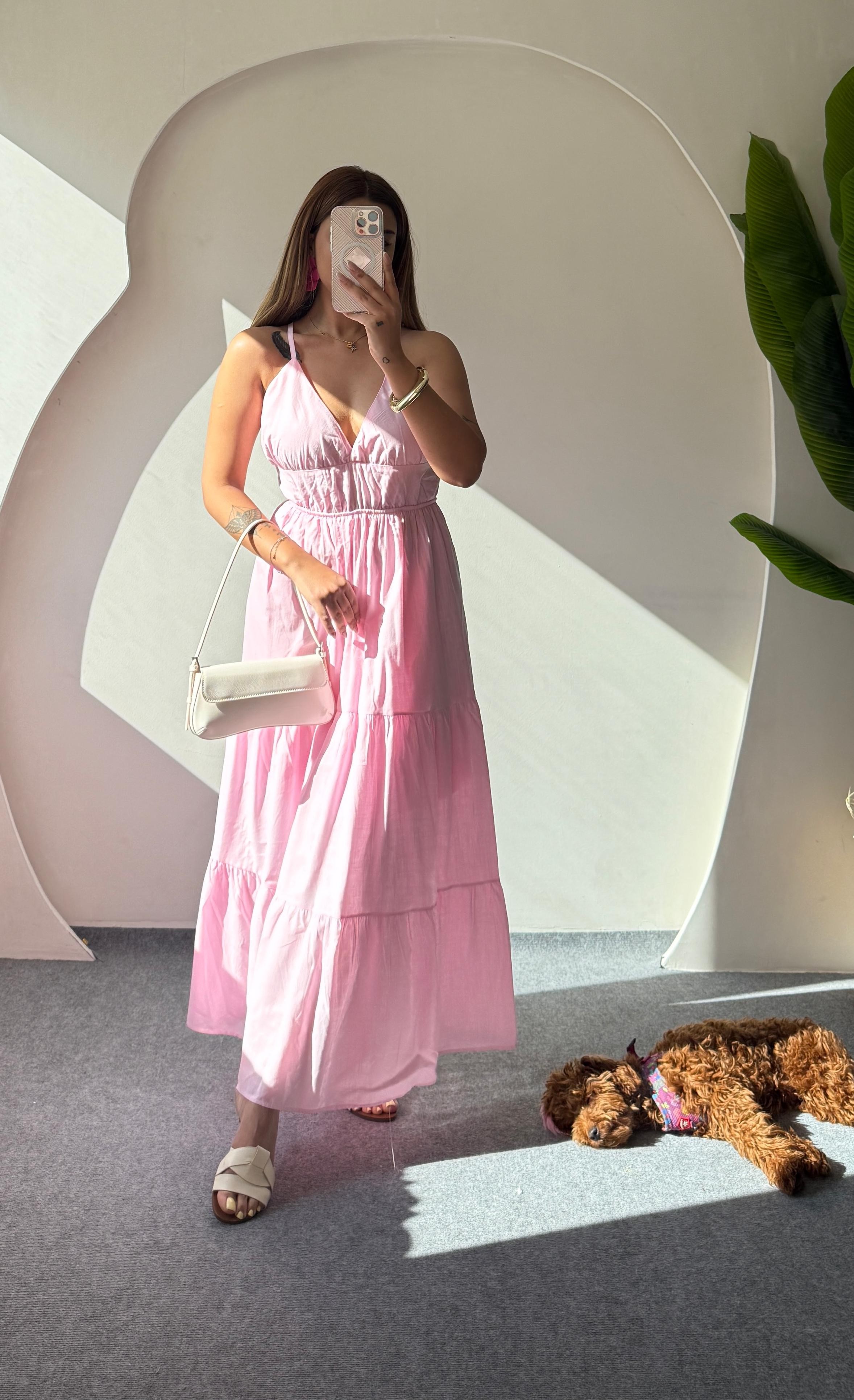 BONC SIRT DETAYLI ELBİSE - PEMBE