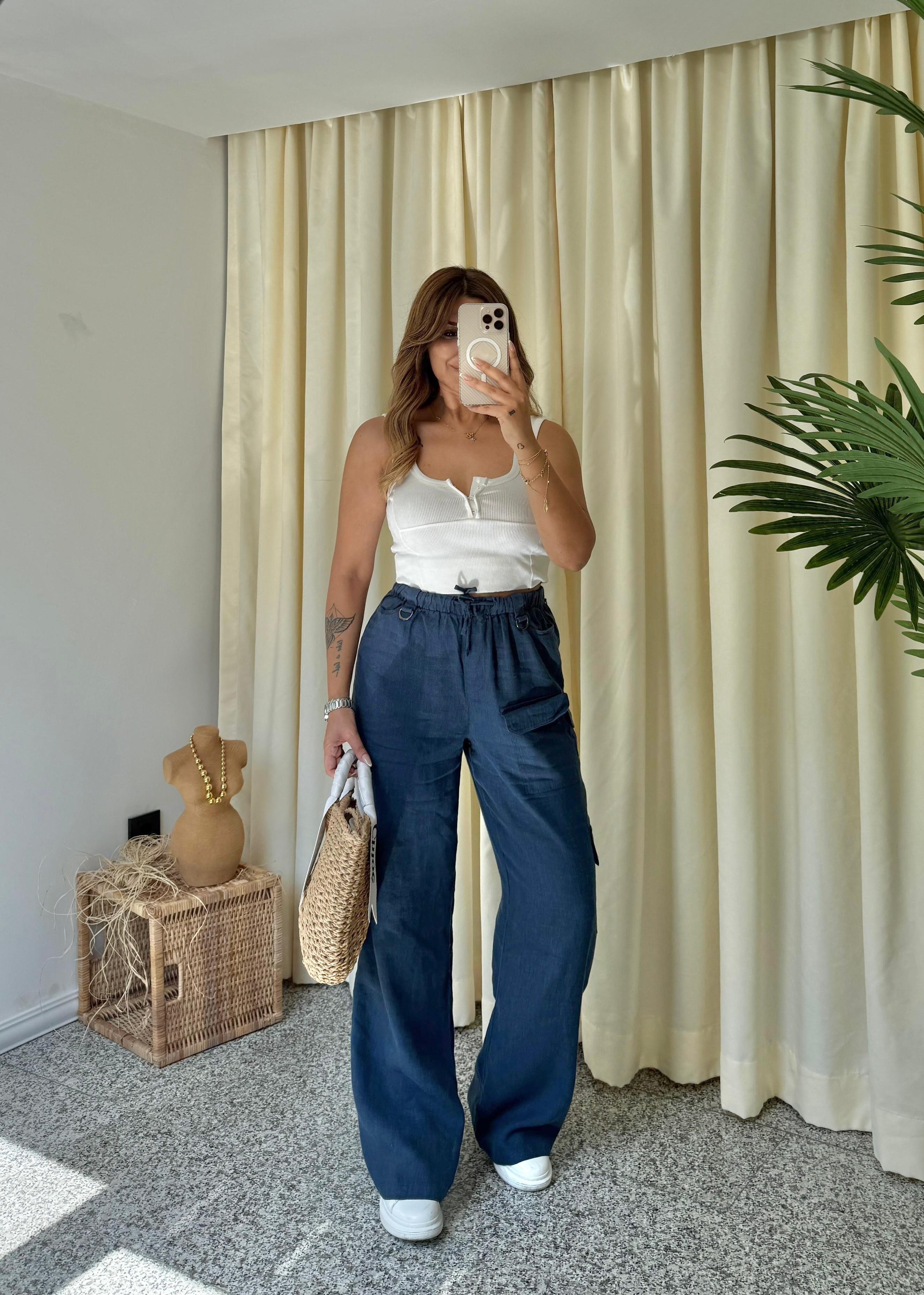 BONY KETEN PANTOLON - LACİVERT