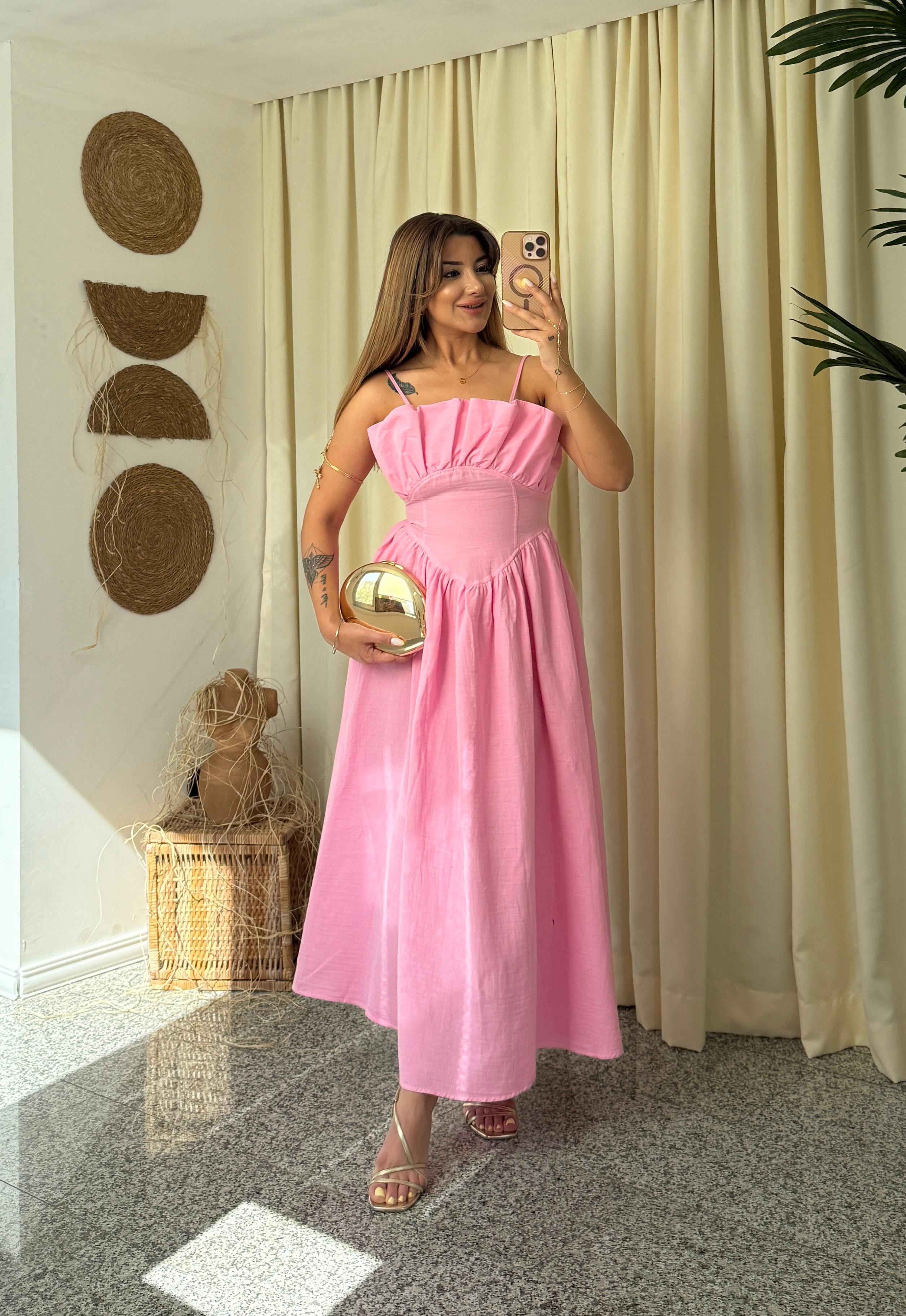 PERY GÖĞÜS DETAYLI KETEN MİDİ ELBİSE - PEMBE