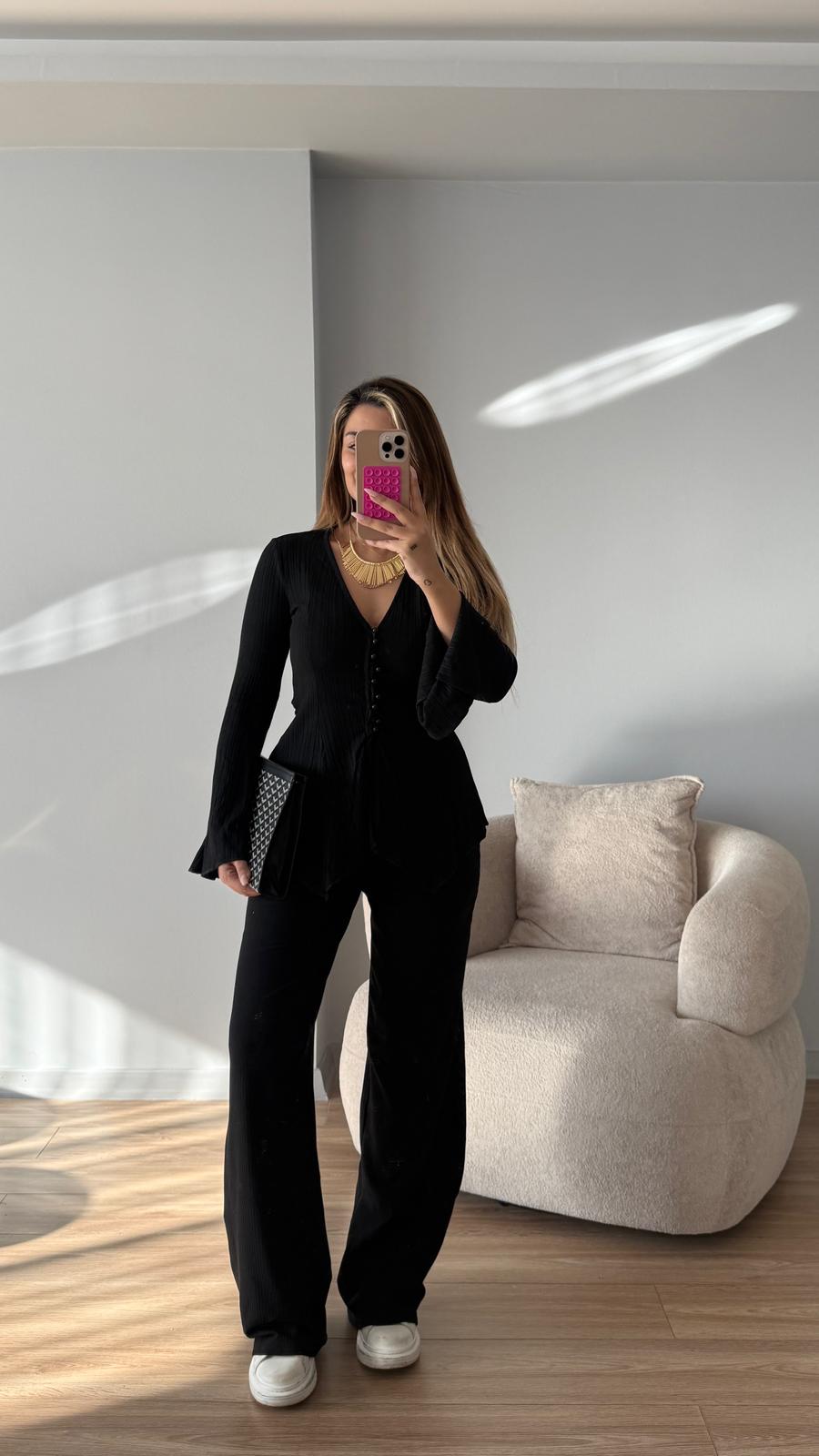 FRAY DÜĞMELİ TAKIM - SİYAH