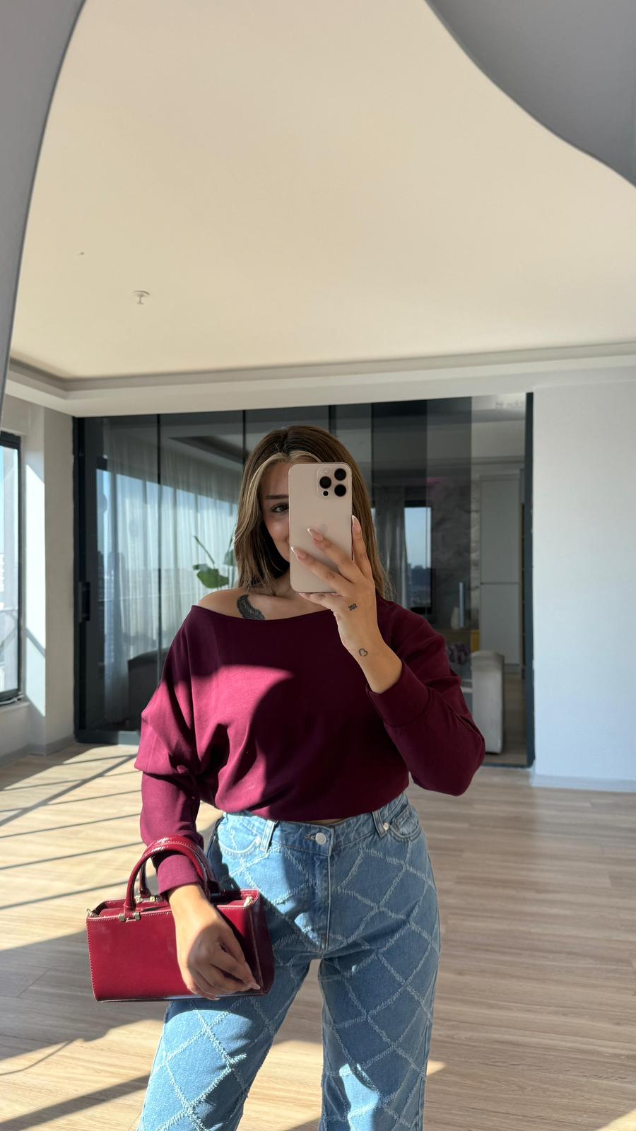 Kayık Yaka Yarasa Kol Bluz - BORDO