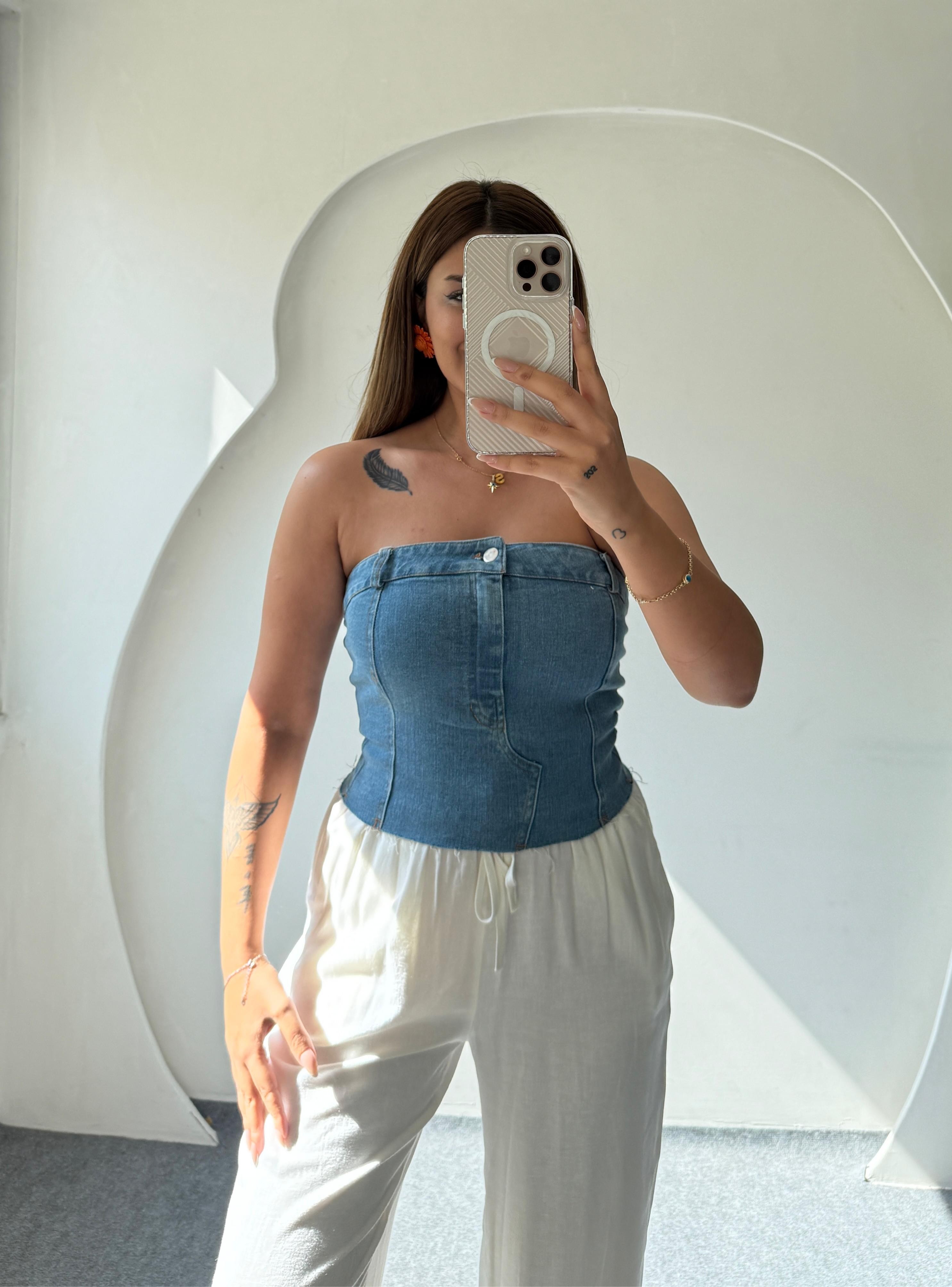 STRAPLEZ KOT CROP - KOYU MAVİ