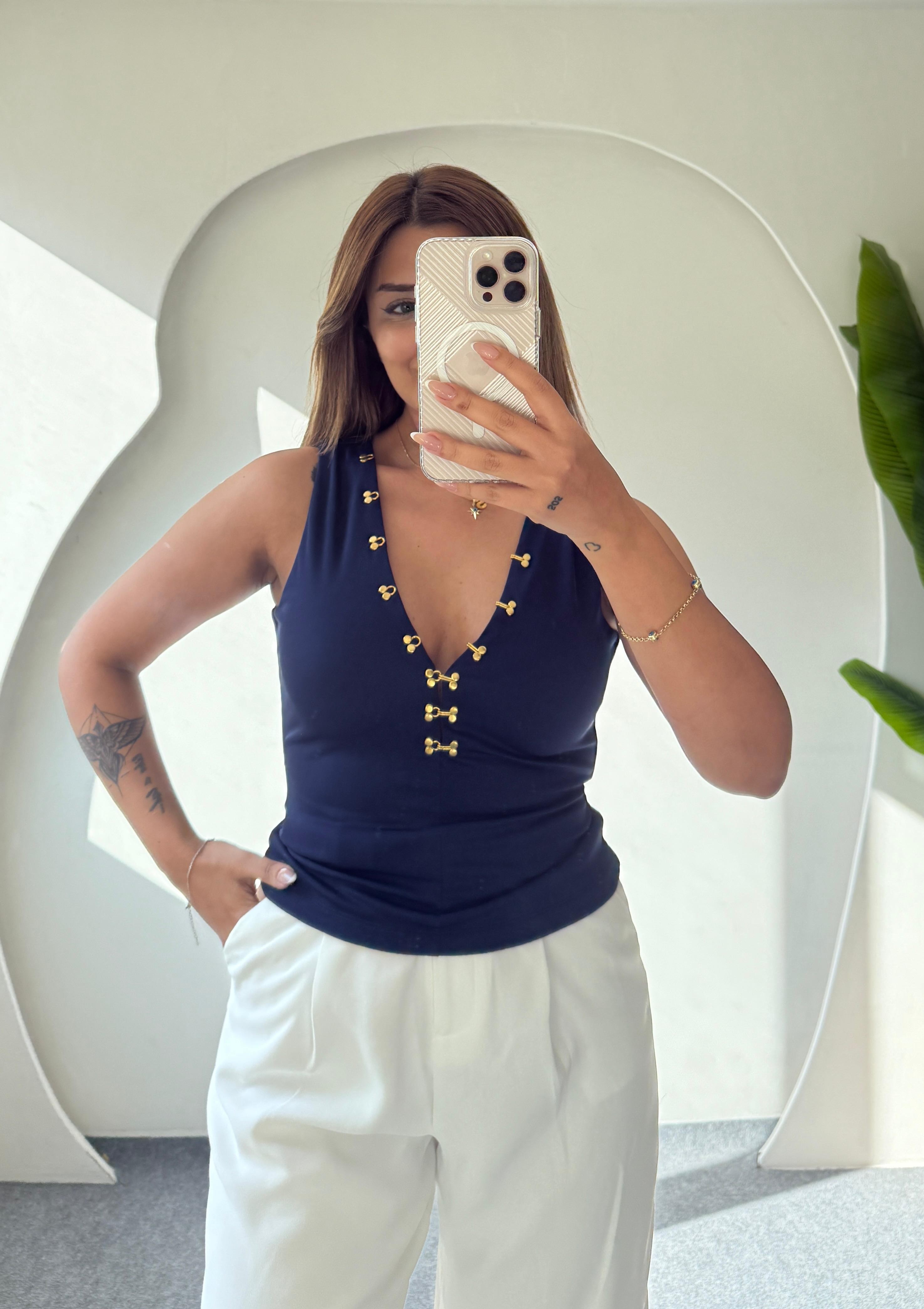 SERNY AGRAFLI BLUZ - LACİVERT