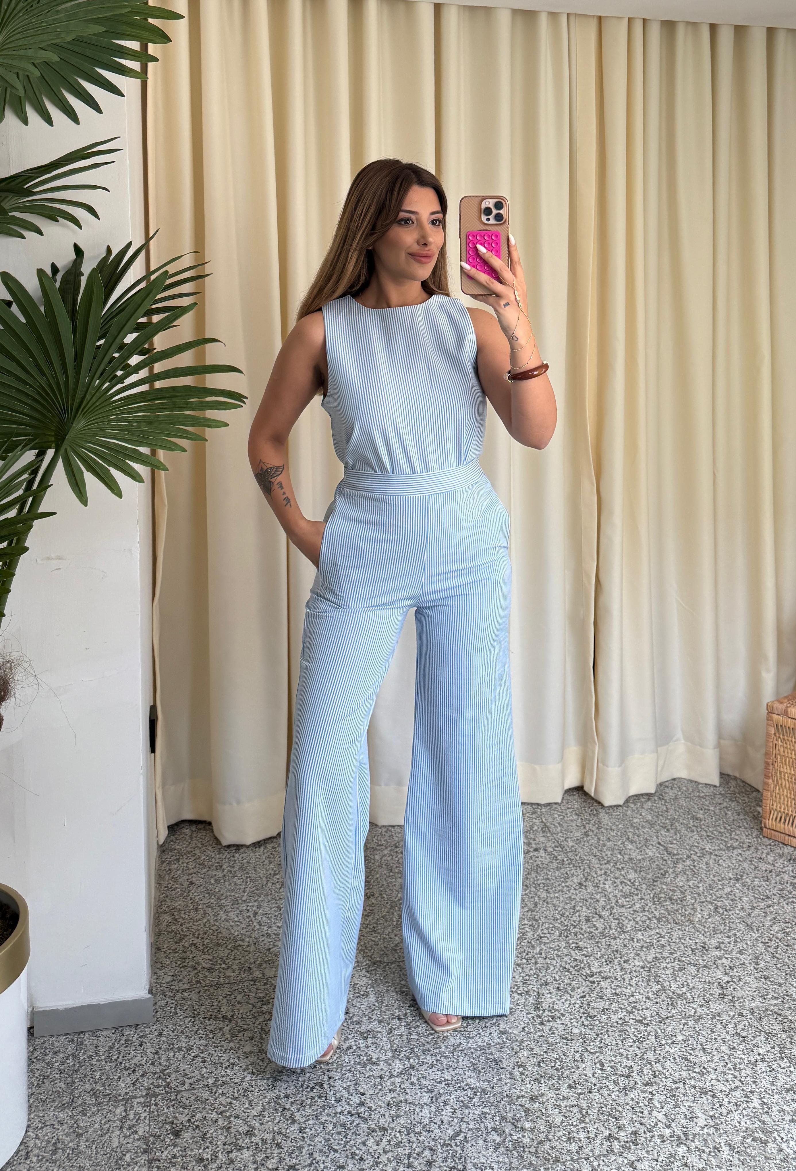 CHOKER ÇİZGİLİ DÜĞME DETAYLI TAKIM