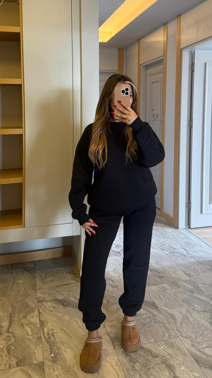 BAGY BİSİKLET YAKA OVERSIZE TAKIM - SİYAH