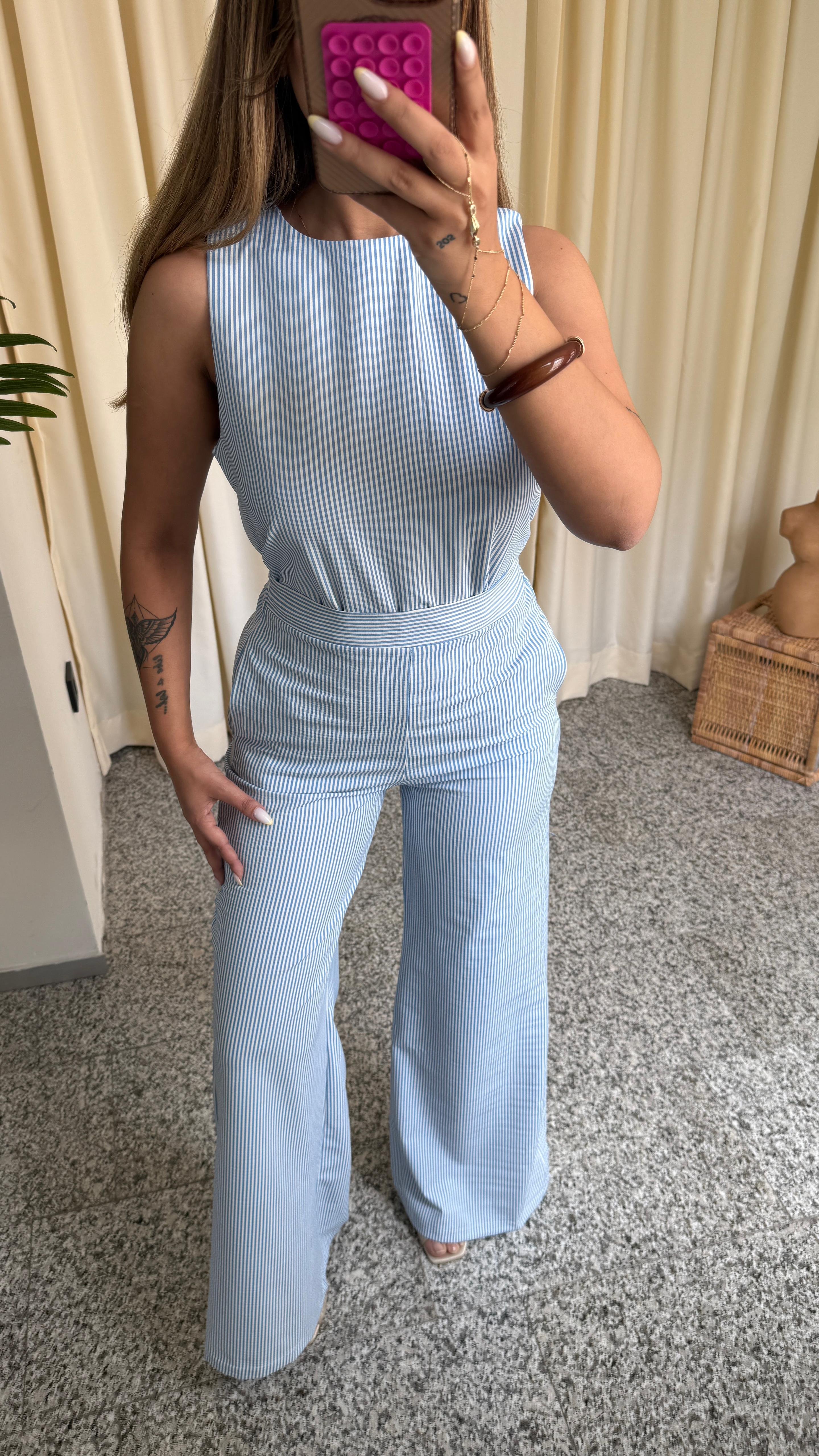CHOKER ÇİZGİLİ DÜĞME DETAYLI TAKIM