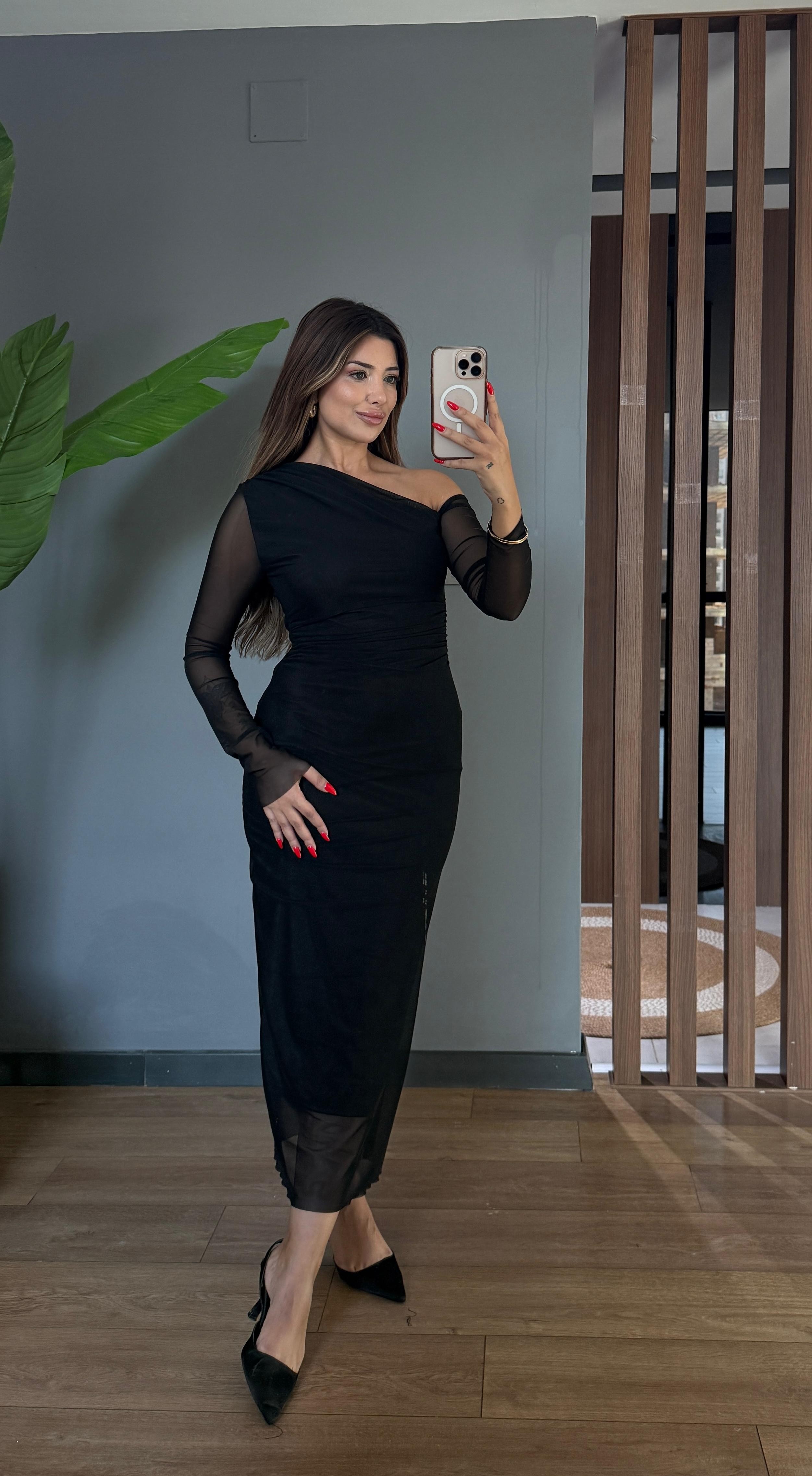 LACY TÜL DETAYLI ELBİSE  - SİYAH