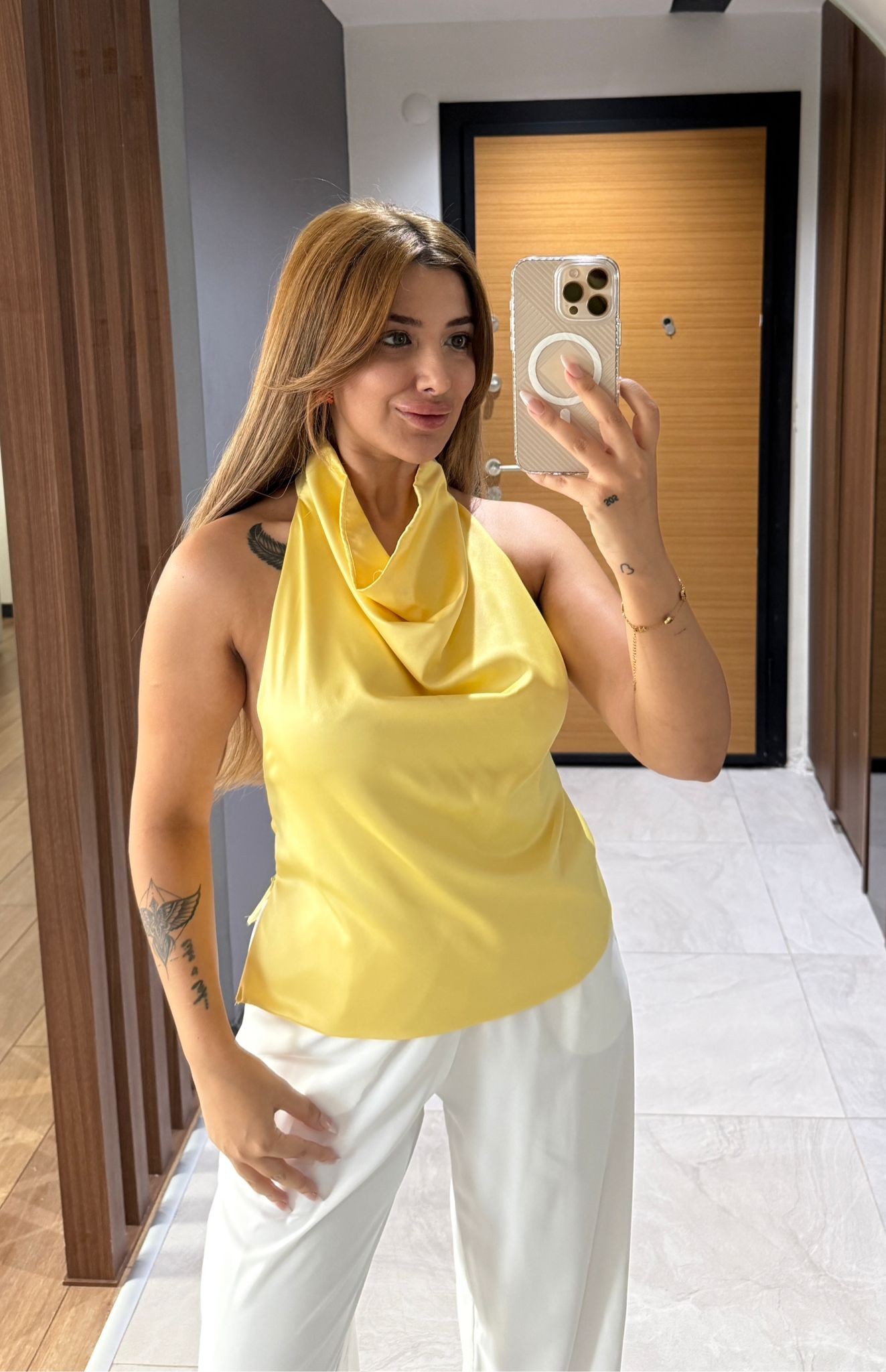 EVA SIRT DETAYLI BLUZ - SARI