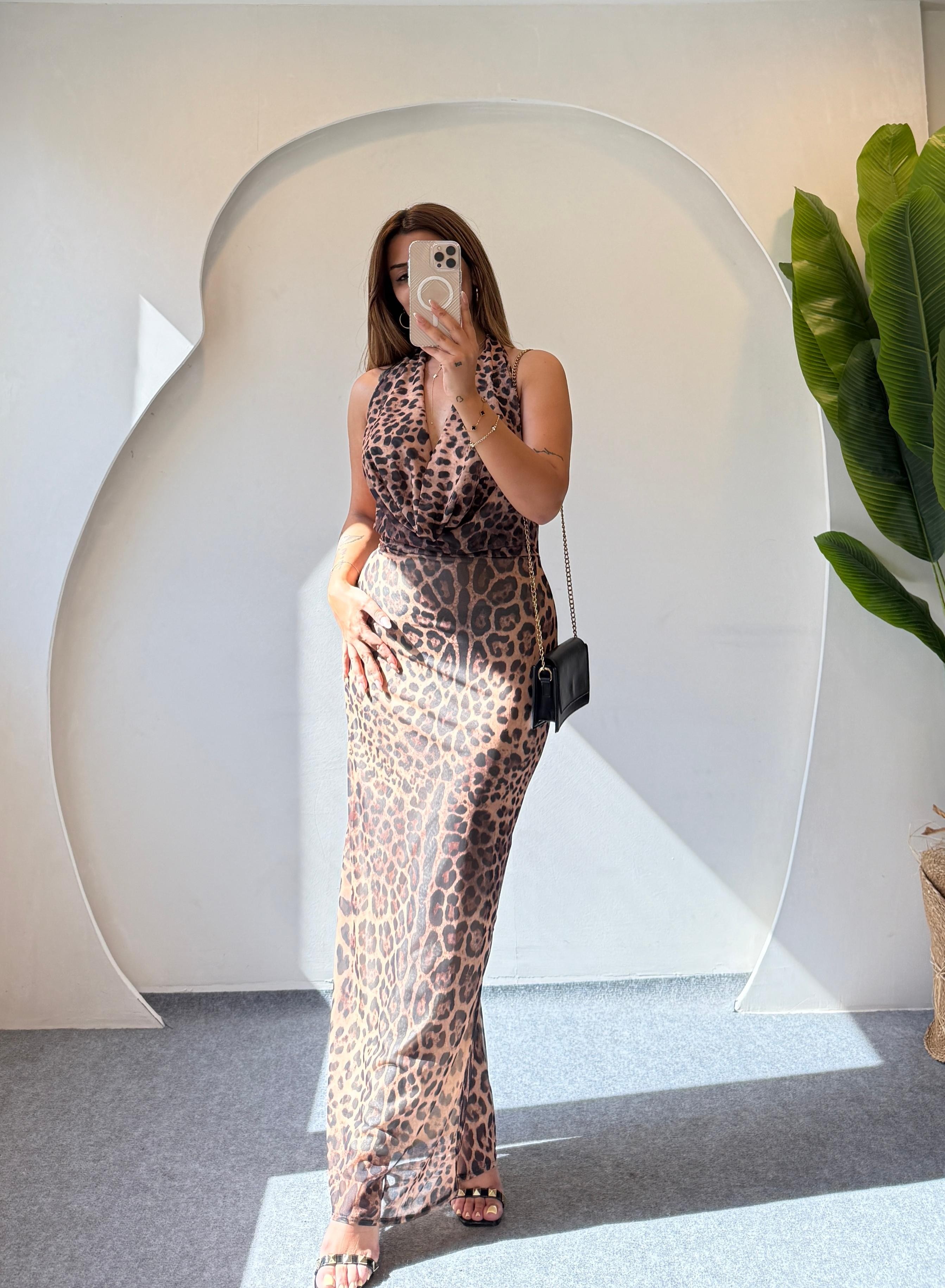 LOCY LEOPAR SIRT DETAYLI ELBİSE