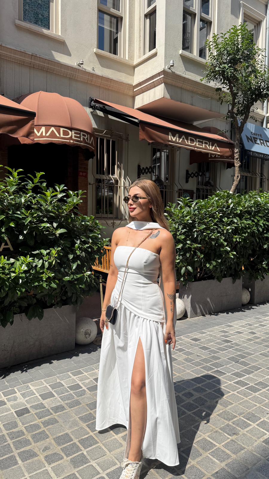 MOLİ YIRTMAÇ DETAYLI ELBİSE