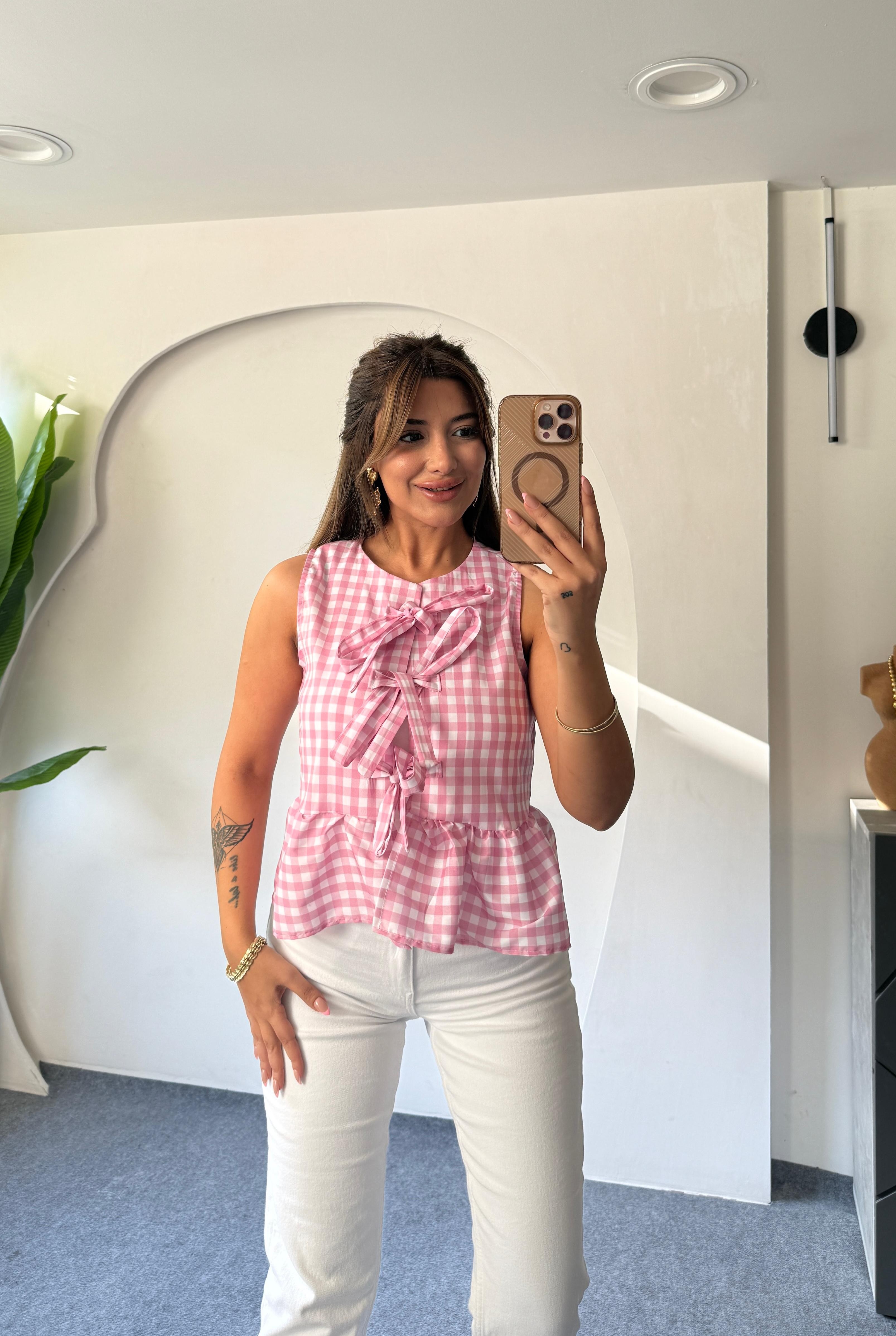 PESY KARELİ BAĞCIKLI GÖMLEK - PEMBE