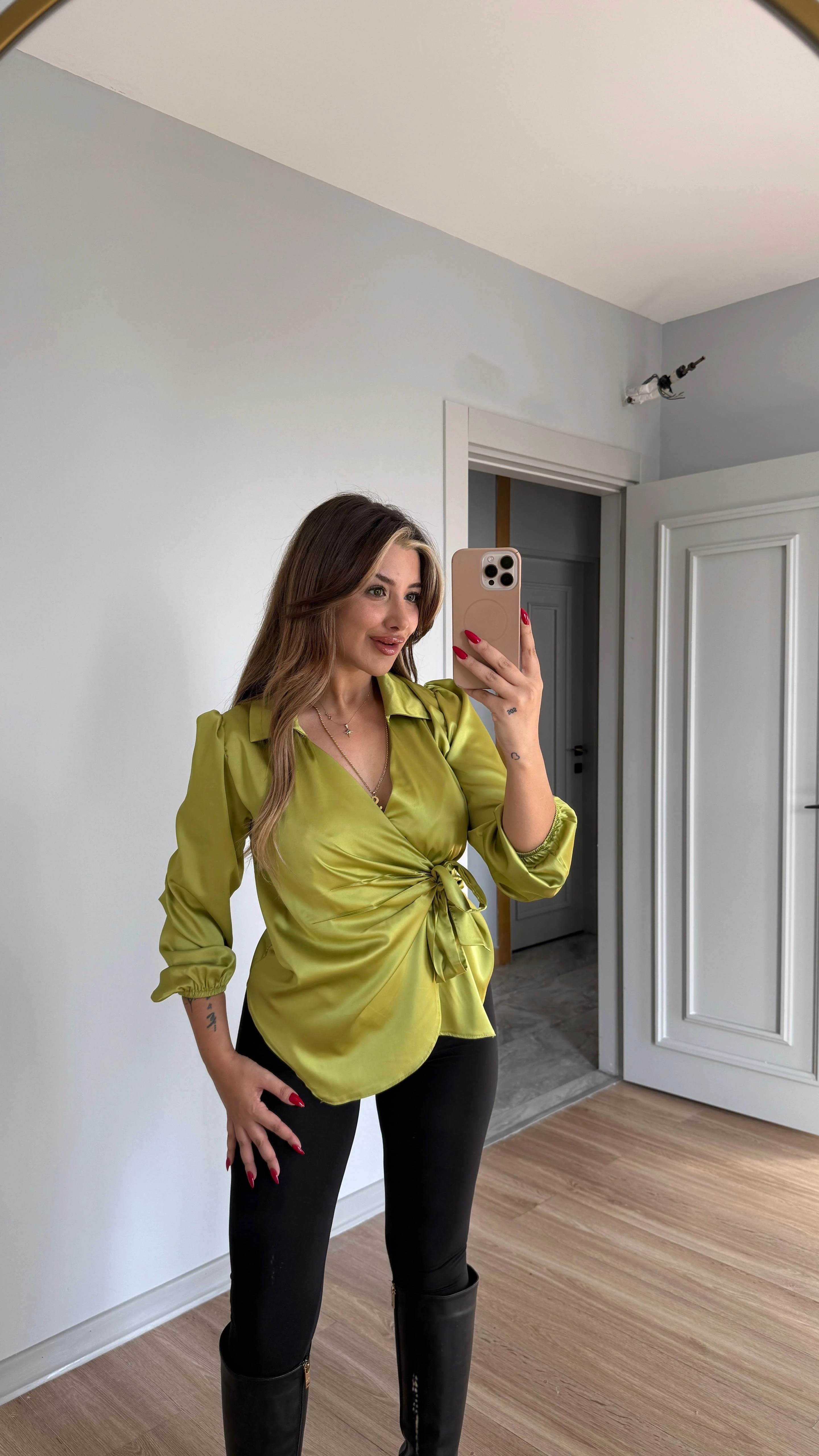 BAĞLAMALI SATEN GÖMLEK - OLİVE YEŞİL