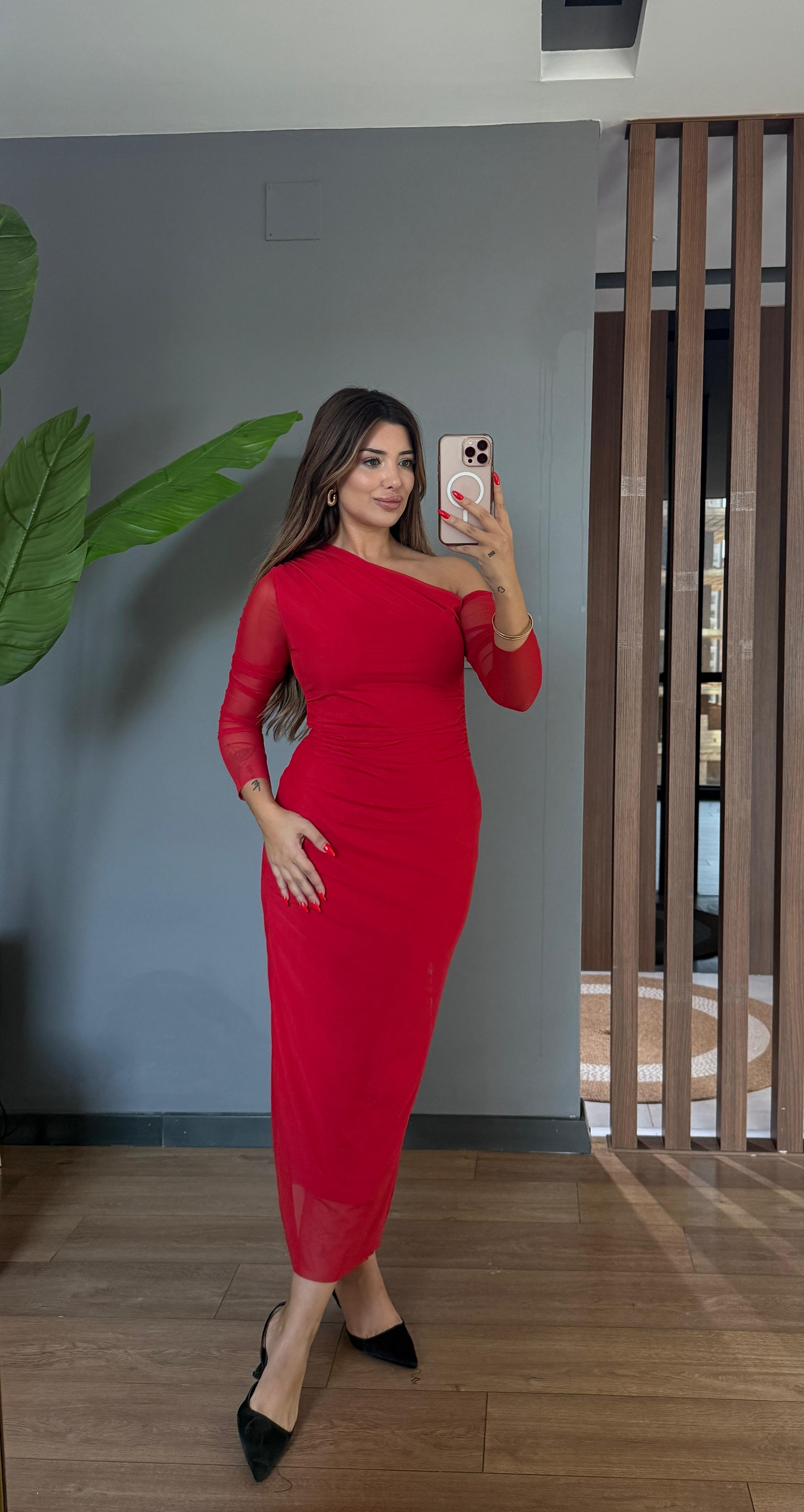 LACY TÜL DETAYLI ELBİSE  - KIRMIZI