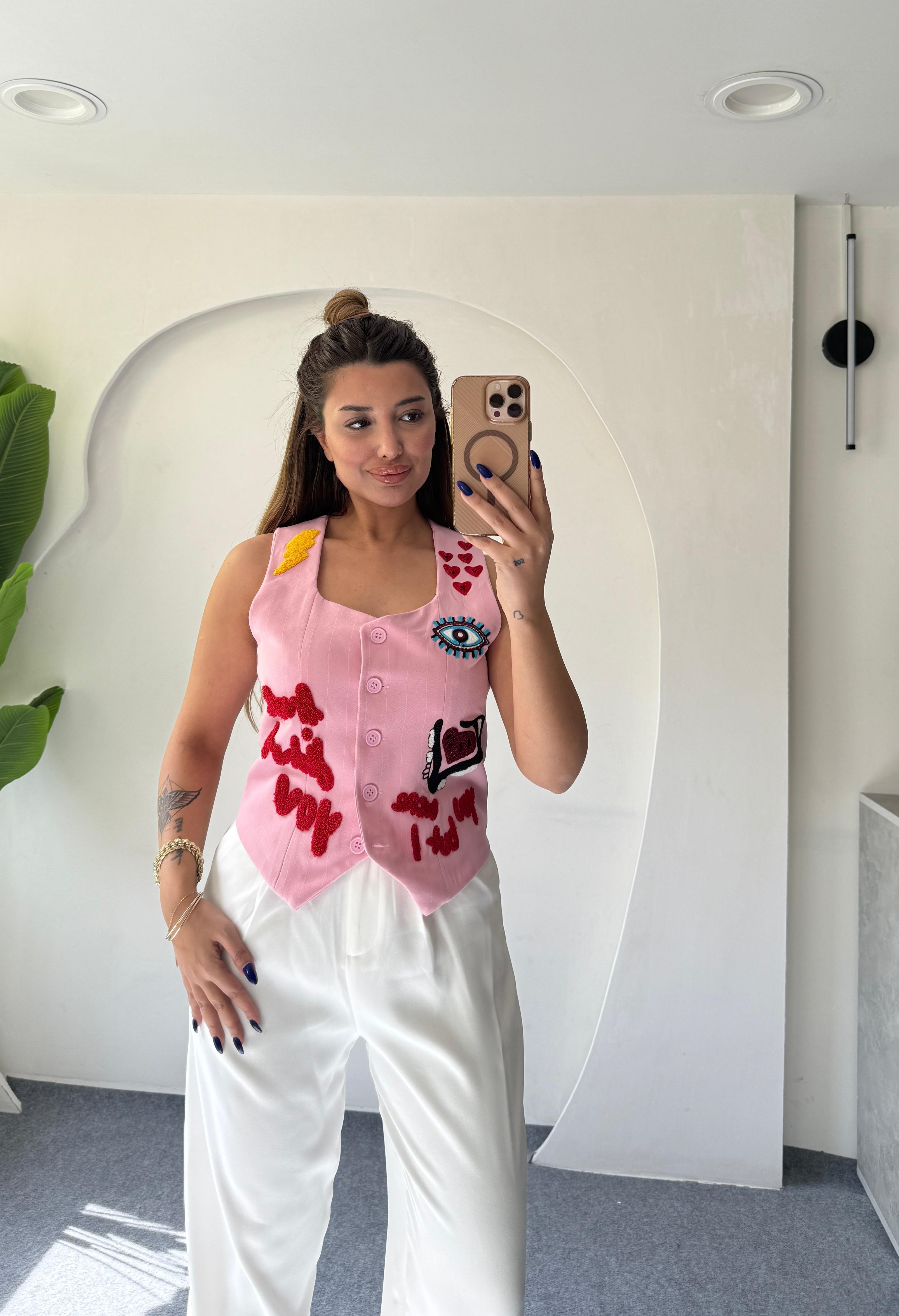 CURL BASKI DETAYLI YELEK - PEMBE