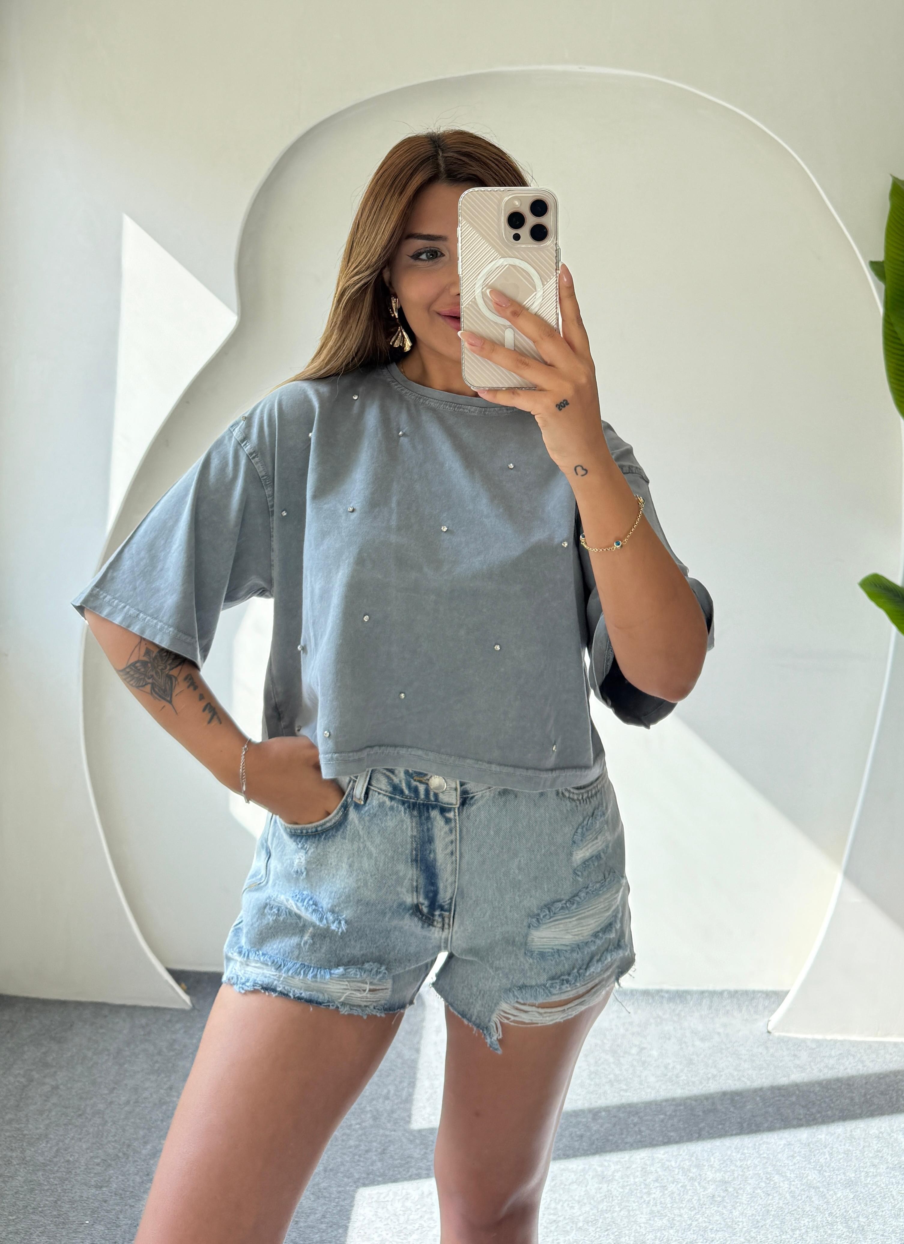 LOOS TAŞLI CROP T-SHIRT - AÇIK GRİ