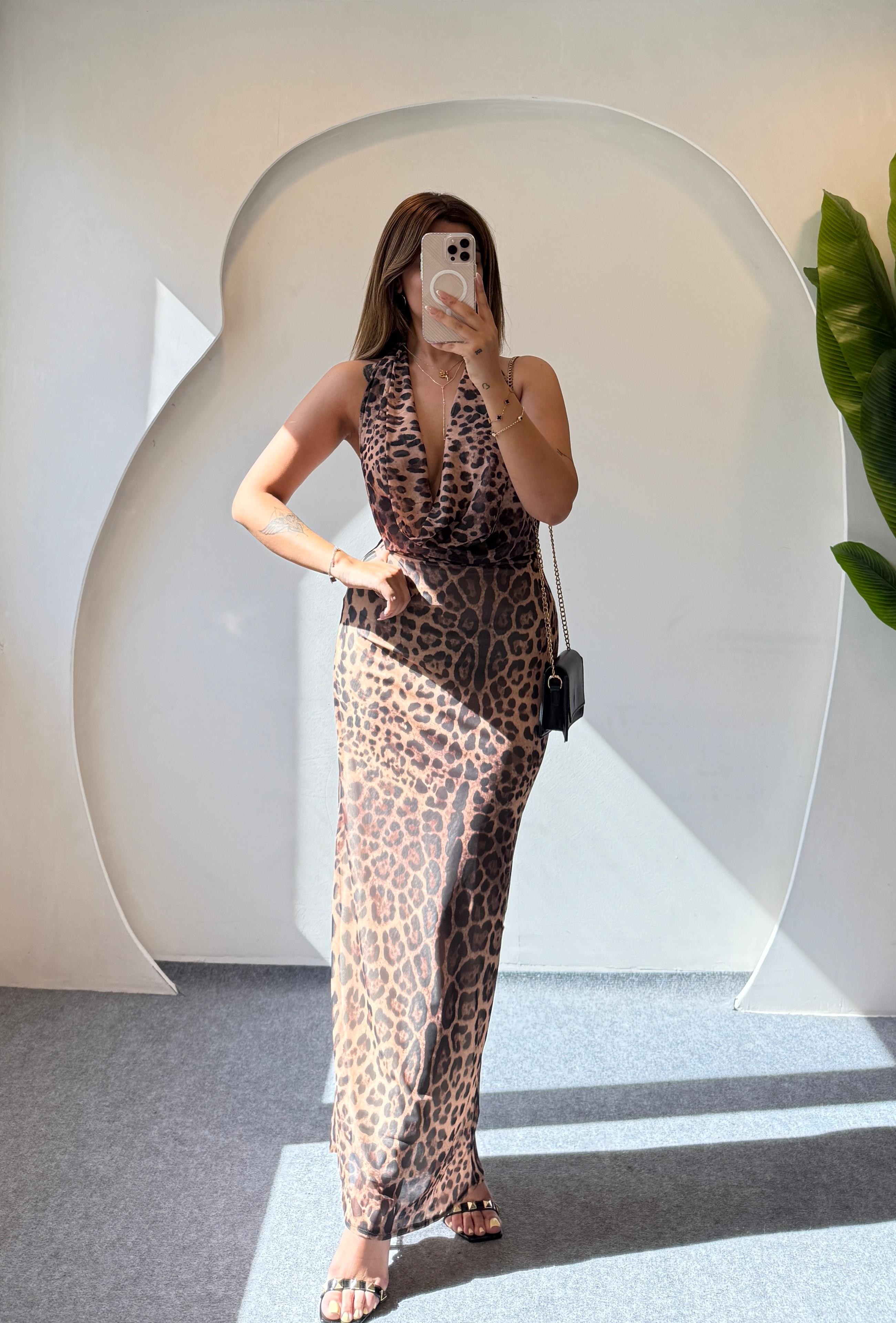 LOCY LEOPAR SIRT DETAYLI ELBİSE